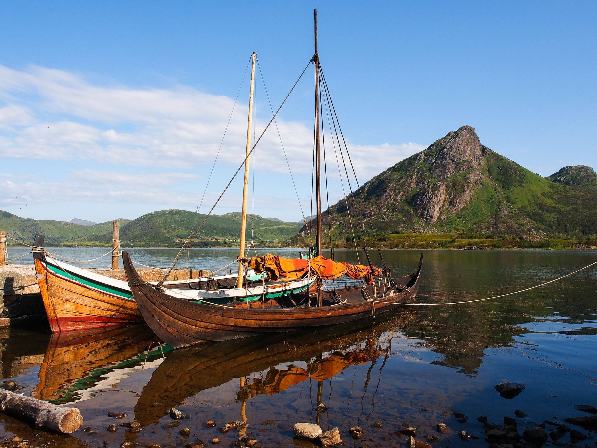 Replicas of Viking`s boats. Lofoten Islands.