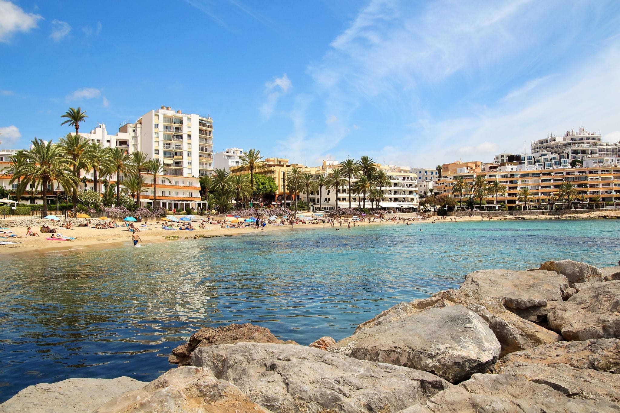 Ses Figueretes beach in Ibiza town in sunny summer day.