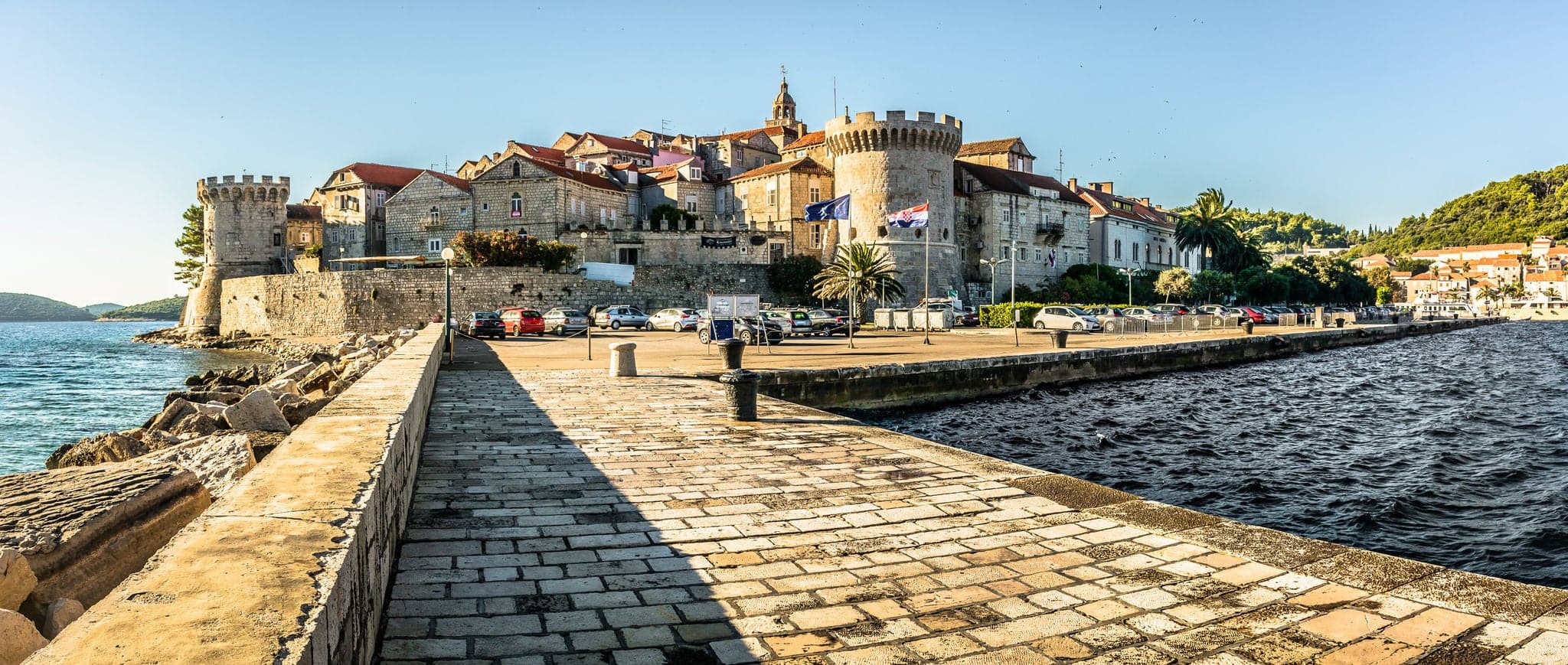 Panorama of old historic town Korcula, popular touristic destination in Croatia, Europe. / Korcula town panorama. / Selective focus.
