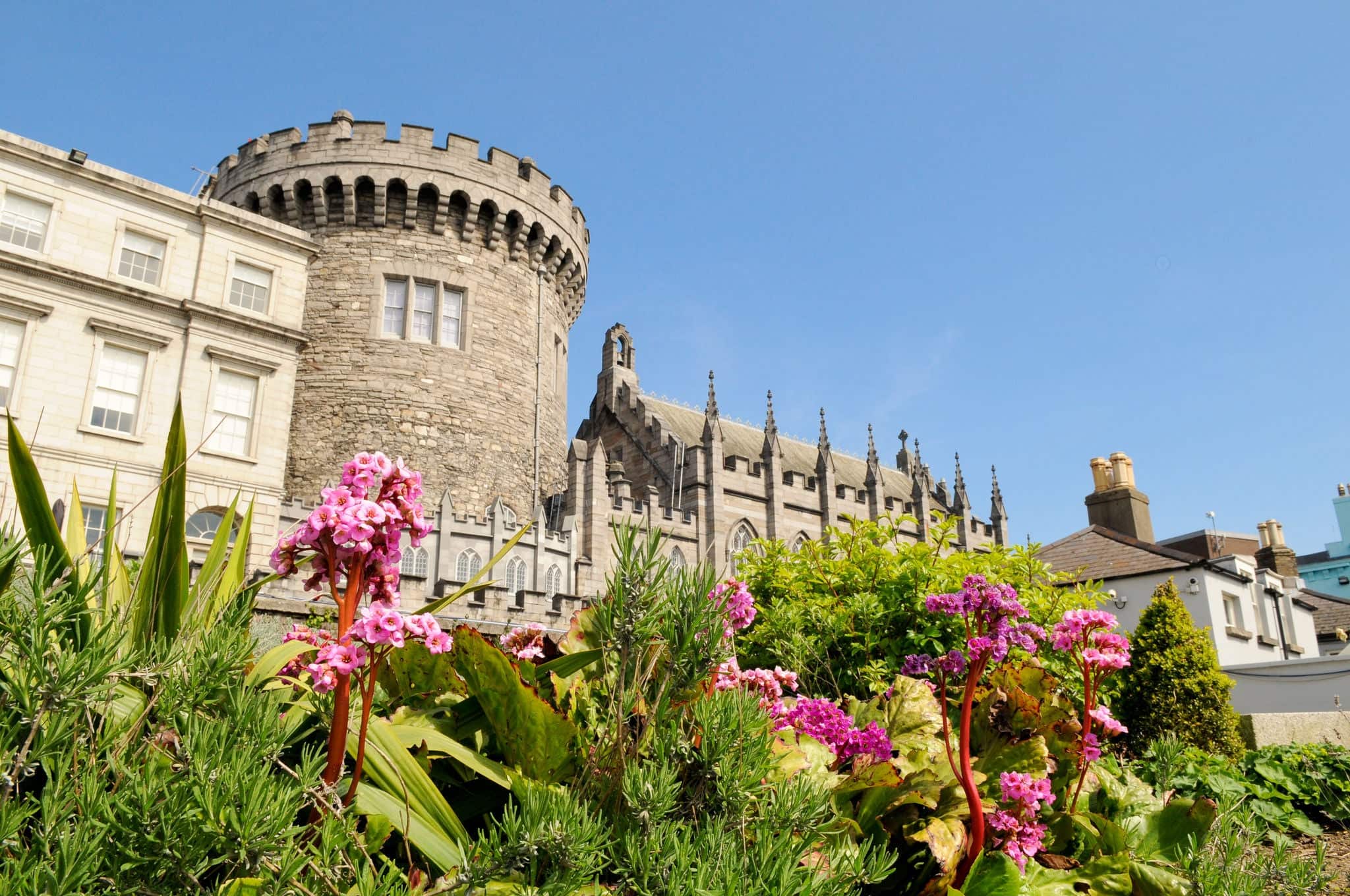 Dublin Castle from Dubh Linn gardens on a sunny spring day, Dublin, Ireland