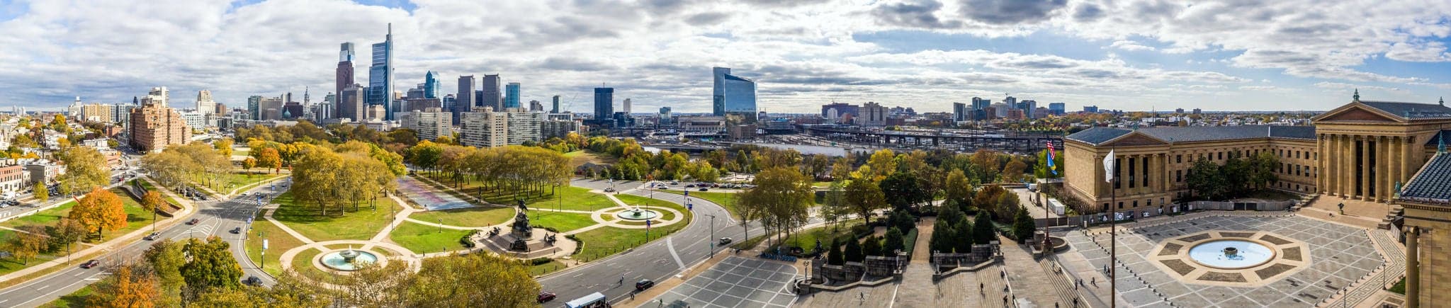 Picture shows a drone view on the Philadelphia Skyline