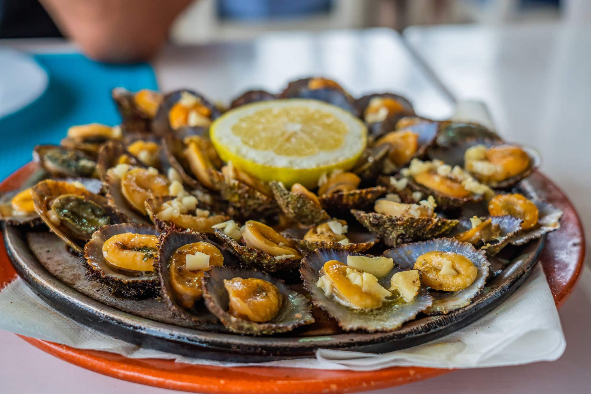 tasty seafood - grilled limpets served with lemon. Lapas grelhadas. Azores traditional dish and a typical snack of the Canary Islands. Grilled Limpets in Azores Islands.