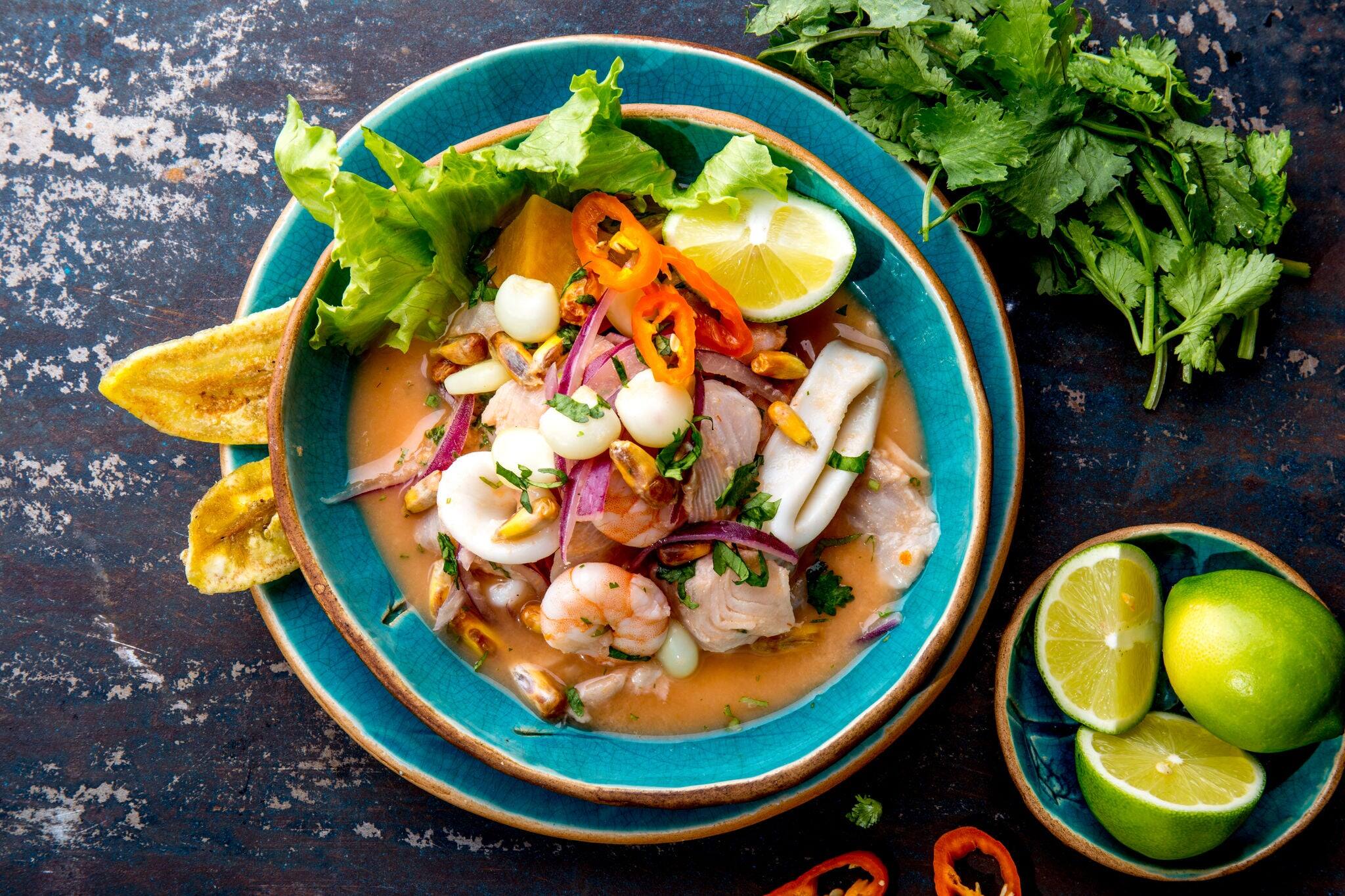 PERUVIAN CEVICHE SEBICHE. Peruvian seafood and fish sebiche with maize.