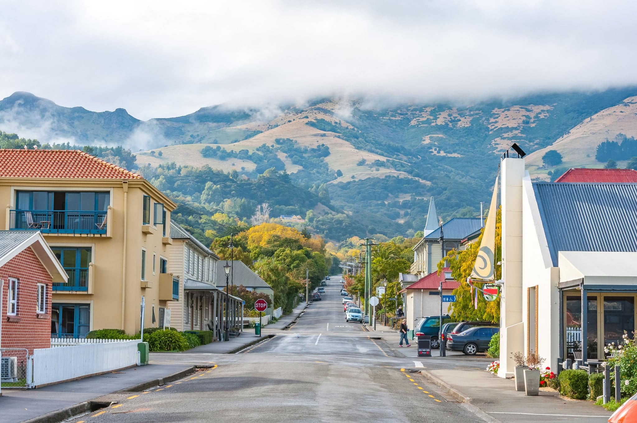 Coast and french village of Akaroa, New Zealand, South Island.