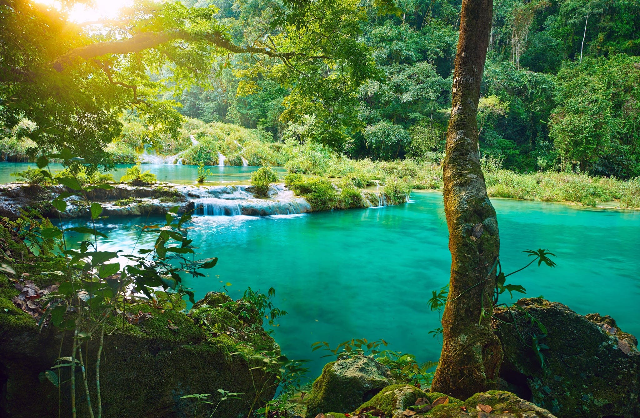 Cascades National Park in Guatemala Semuc Champey at sunset.