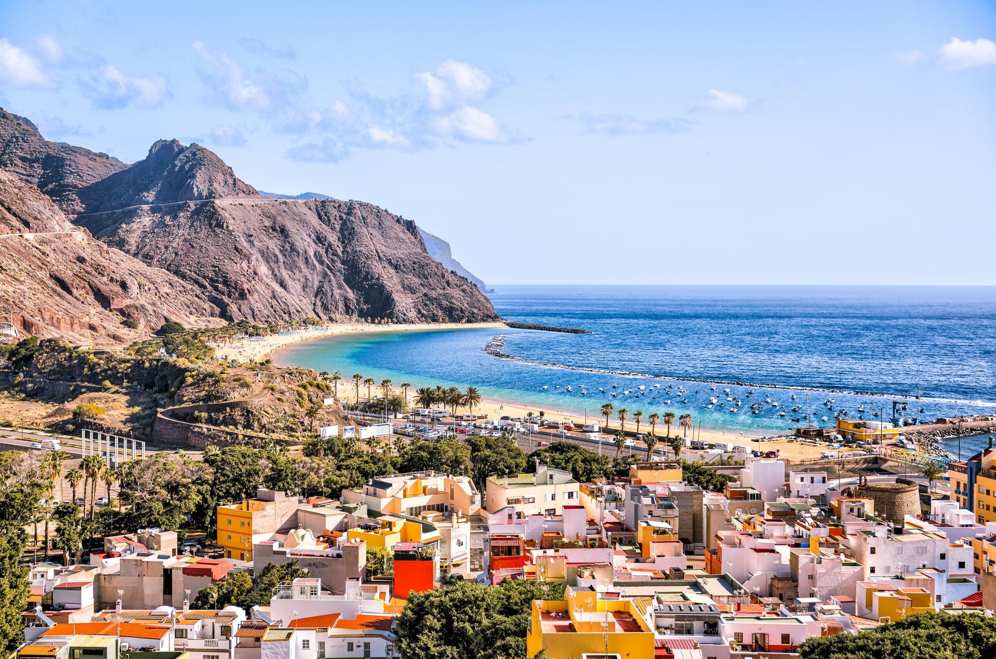 Tenerife, Spain - December 25, 2023: Aerial views of the town of San Andres and the beaches of Playa de las Teresitas on the island of Tenerife in Spain's Canary Islands