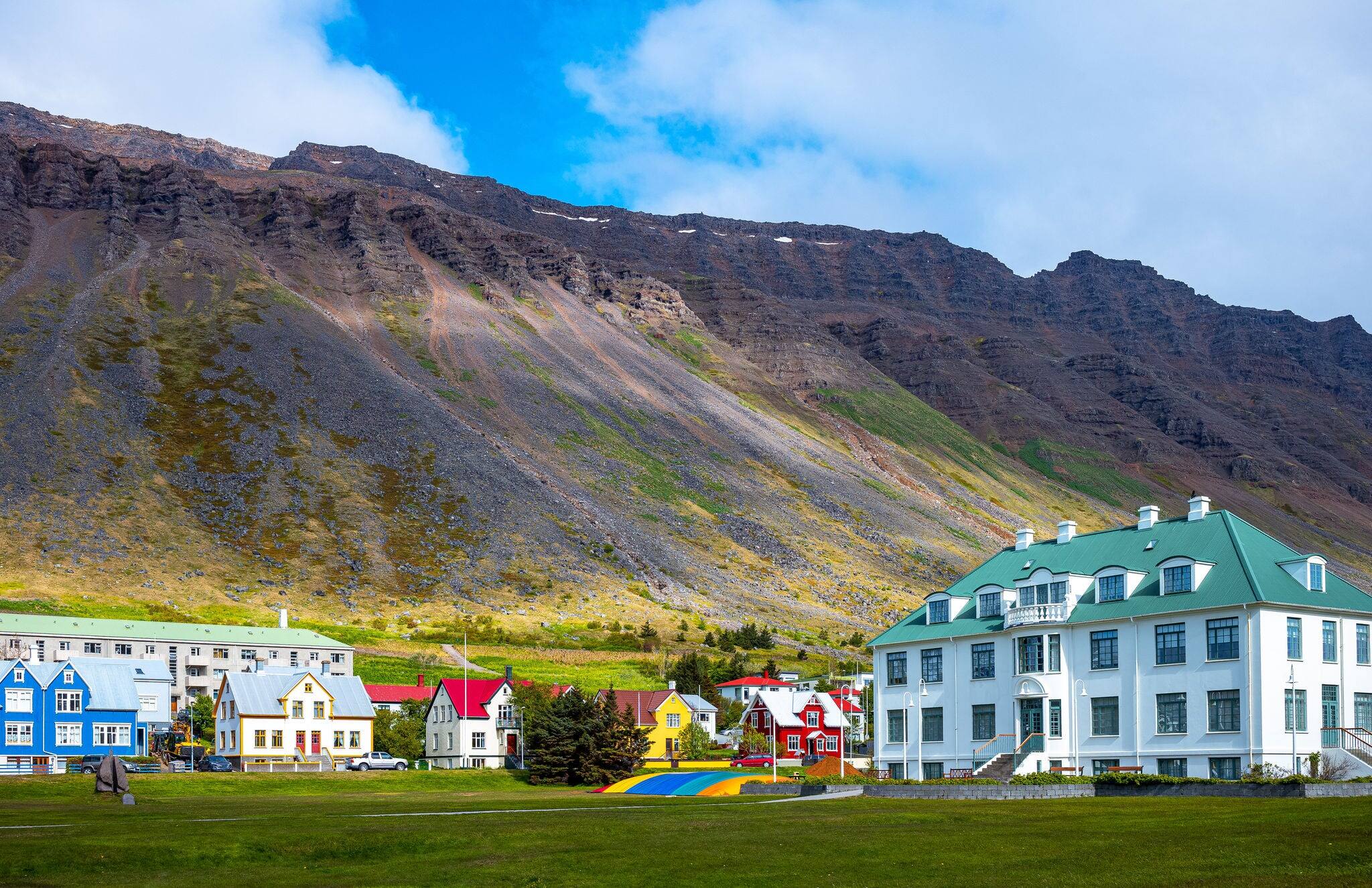 Isafjordur, Iceland, the houses in traditional style that overlook the Tungata square