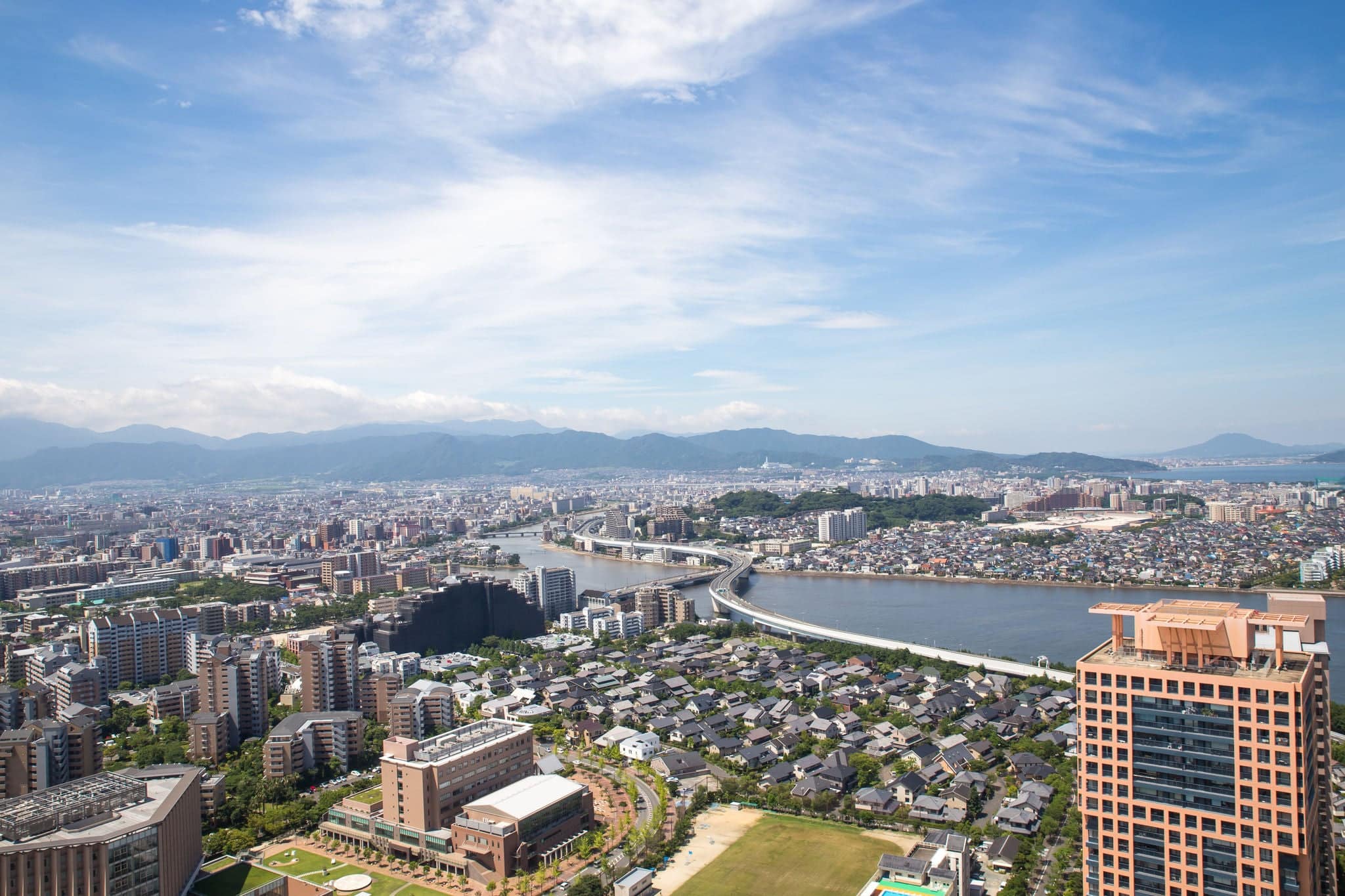 view of the Japanese city of Fukuoka from the observation deck of the Fukuoka Tower