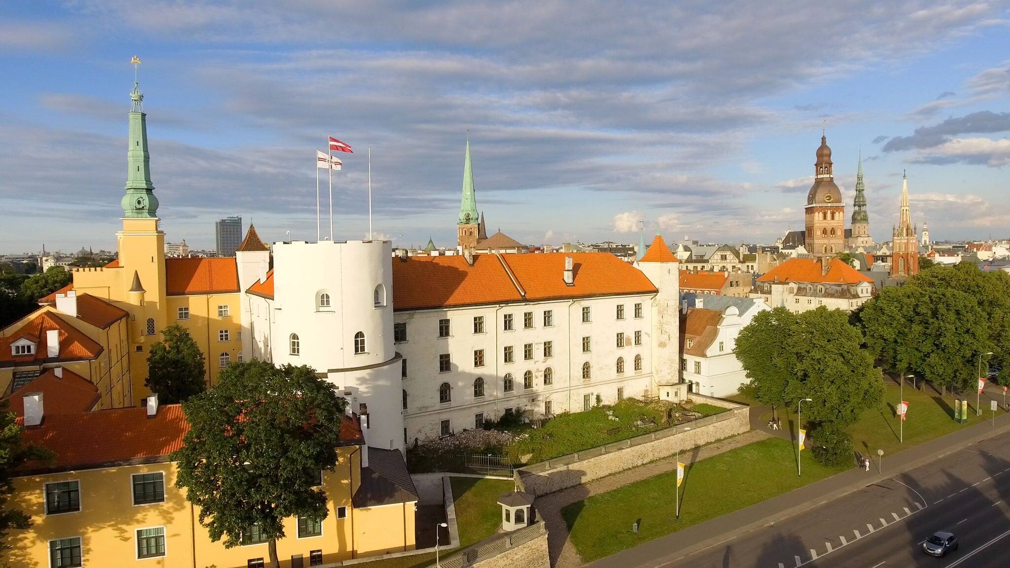 Aerial view of Riga at summer sunset, Latvia.