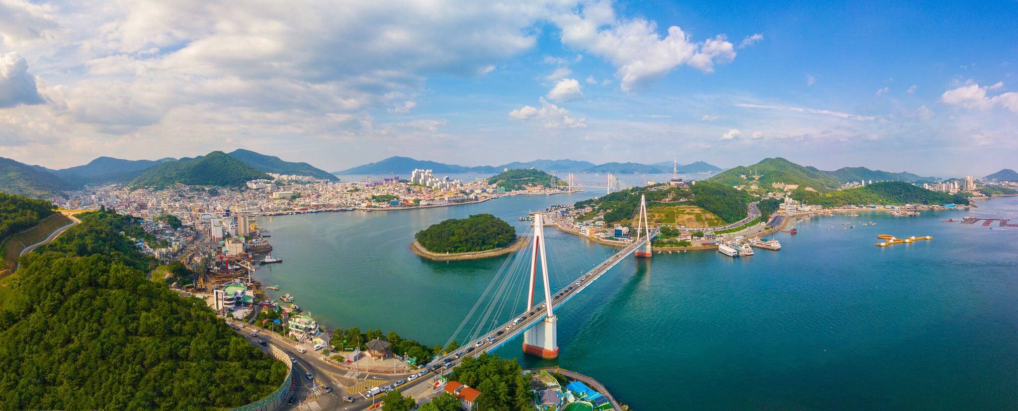 Aerial panorama view of Yeosu city, South Korea. Aerial cityscape of Yeosu, South Korea.