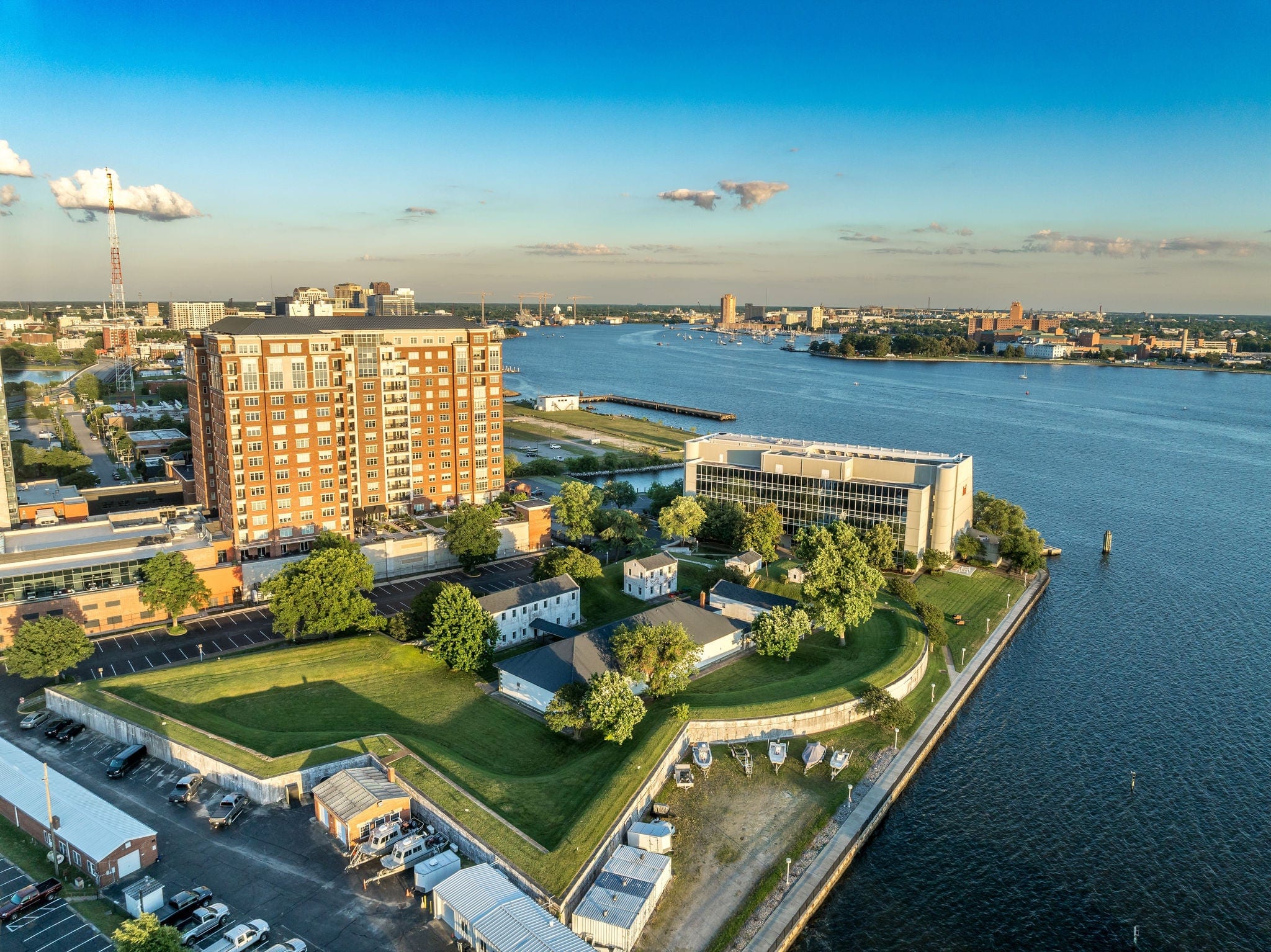 Aerial view of historic downtown district of Norfolk Virginia before sunset