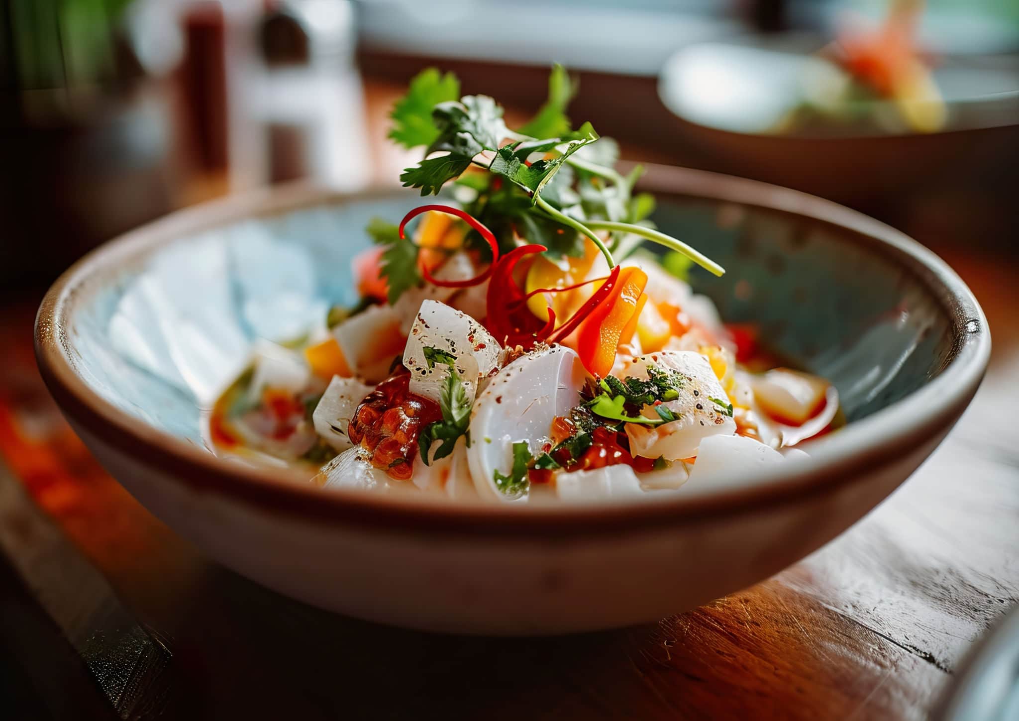 Ceviche served in a clear bowl with lime and garnishes, professional food photo taken from an angle view, showcasing the fresh ingredients and vibrant colors.