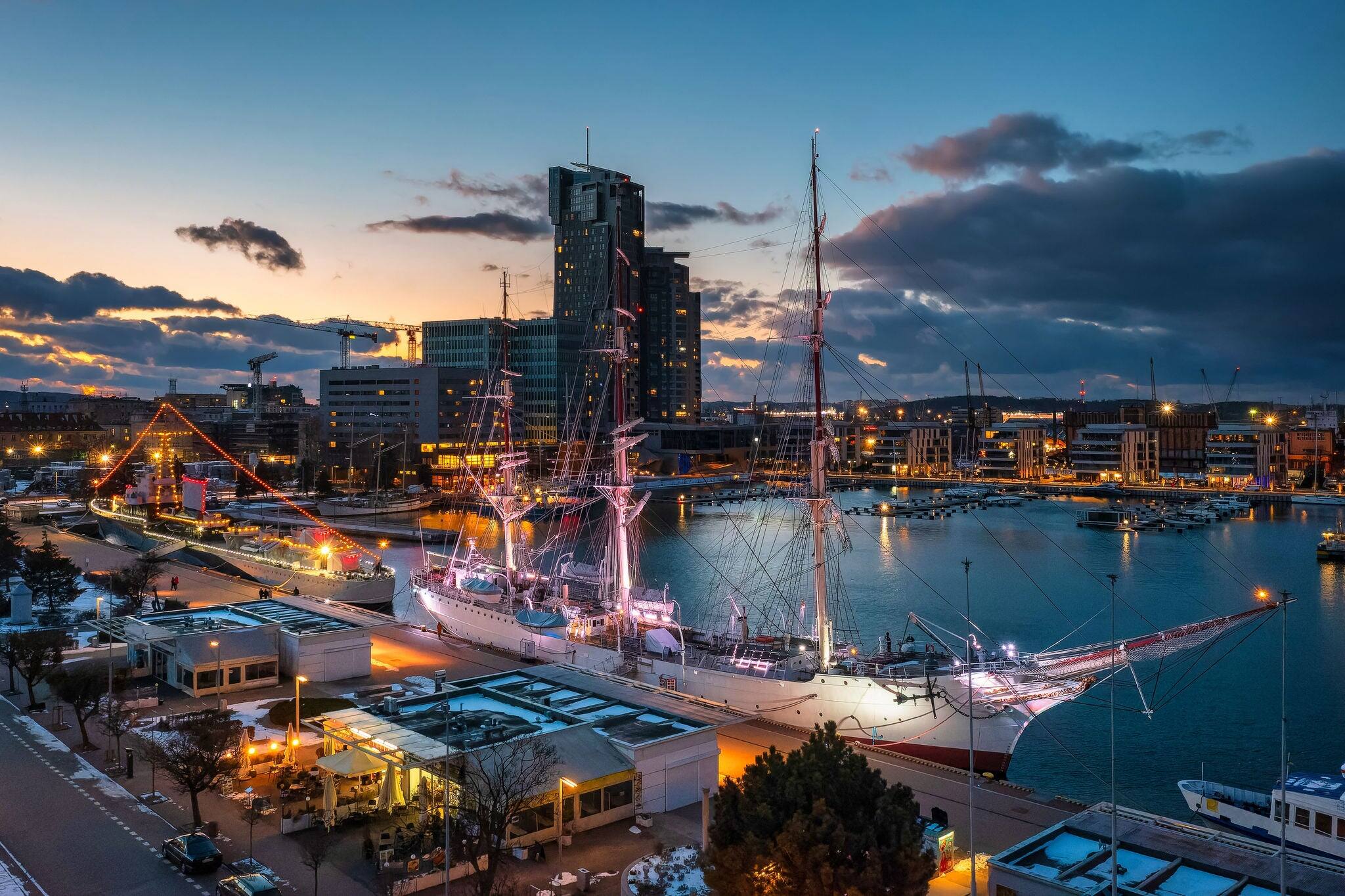 Amazing aerial landscape of Gdynia by the Baltic Sea at dusk. Poland