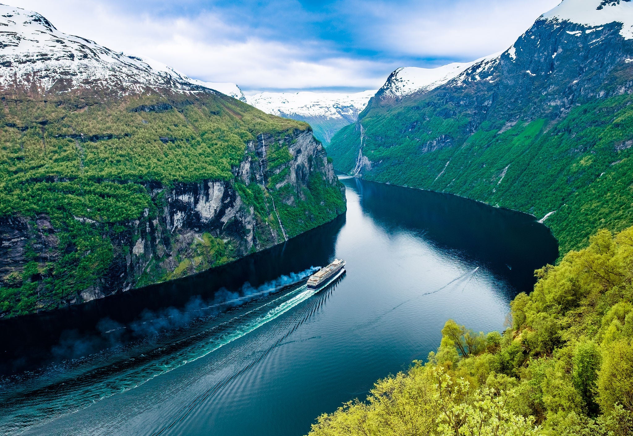 Geiranger fjord, Beautiful Nature Norway. It is a 15-kilometre (9.3 mi) long branch off of the Sunnylvsfjorden, which is a branch off of the Storfjorden (Great Fjord).