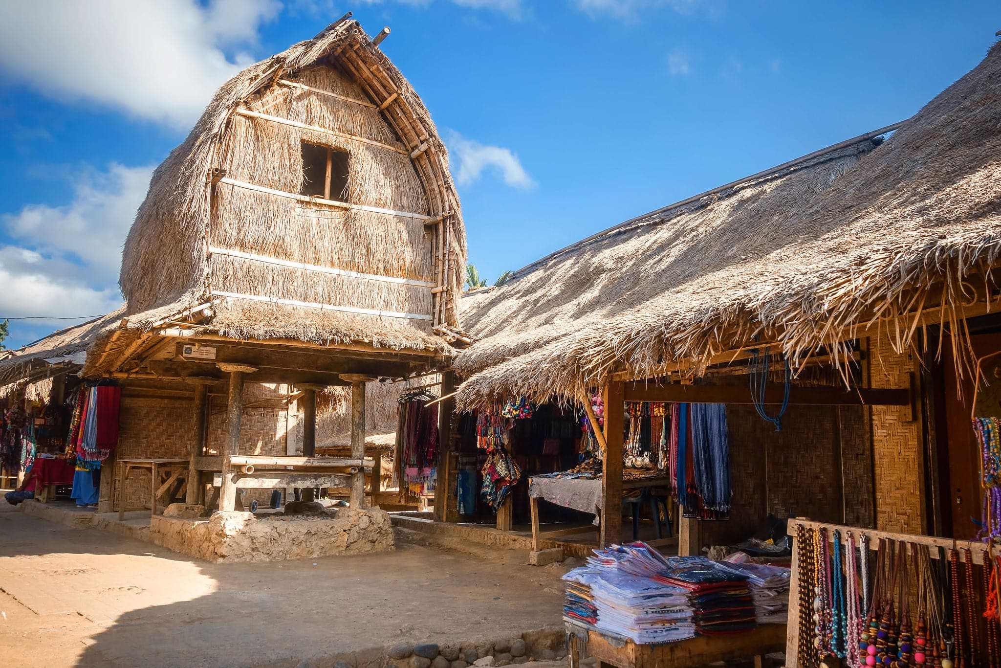 Traditional design of the exterior of SASAK houses in Lombok Island, Indonesia. Frame and roof are made of wood, bamboo and straw leaves of coconut trees.