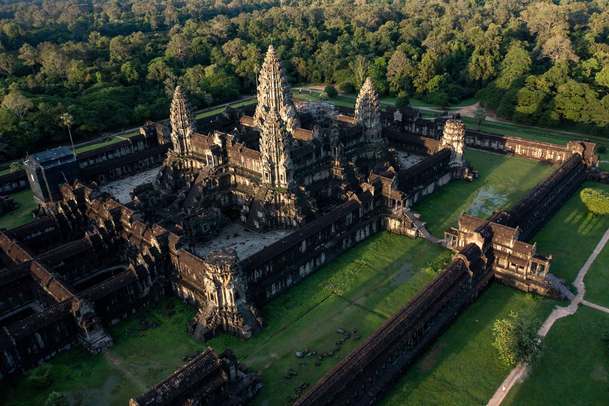 Aerial View of amazing sunrise with Angkor Wat Temple, Land of magnificent ruins, Siem Reap, Cambodia.