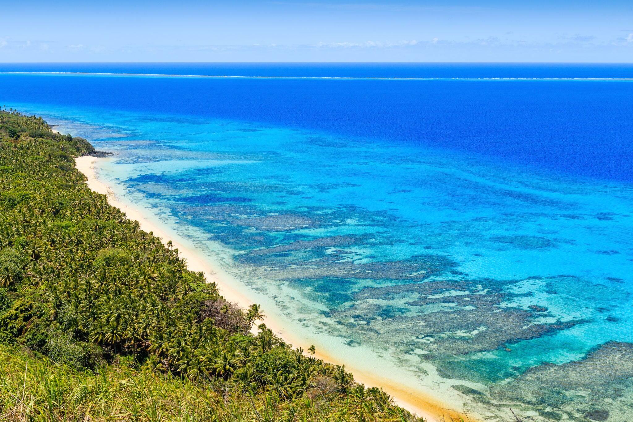 Dravuni Island, Fiji. Panoramic view of the island and beach in the South Pacific ocean.