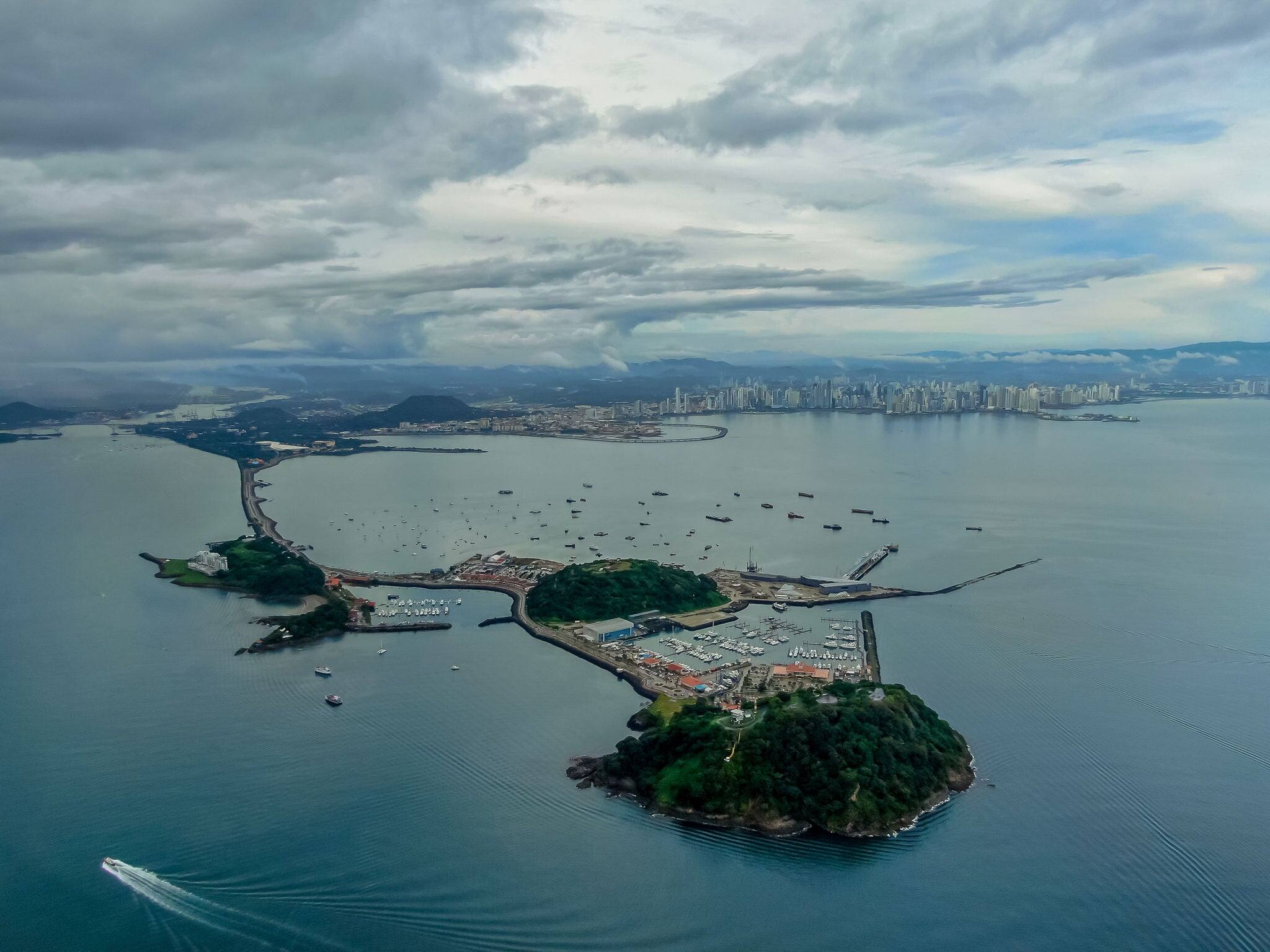 Beautiful aerial view of the The Causeway Amador Islands and the Majestic city of Panama