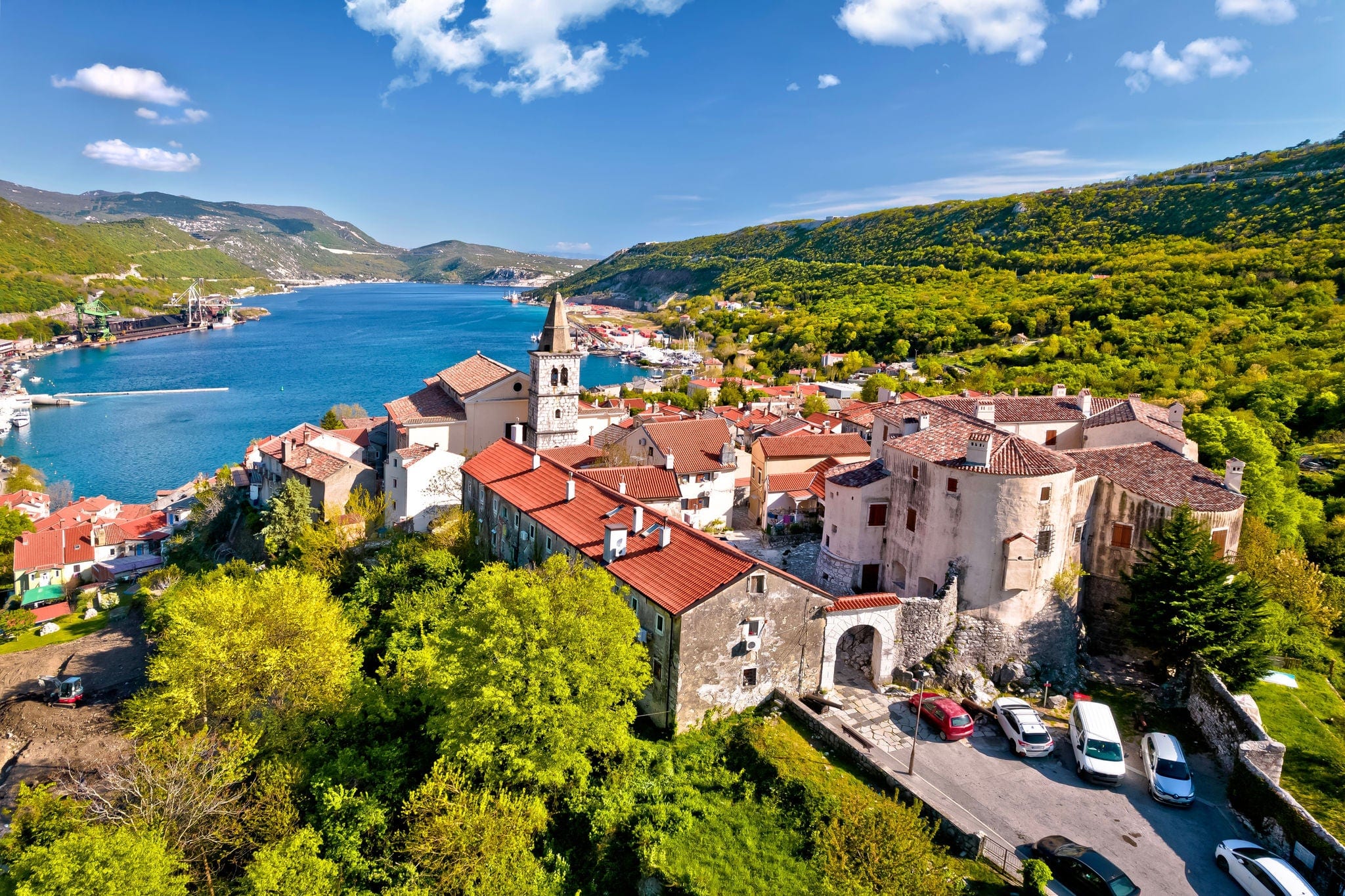 Town of Bakar in Kvarner bay aerial view, Adriatic coast of Croatia