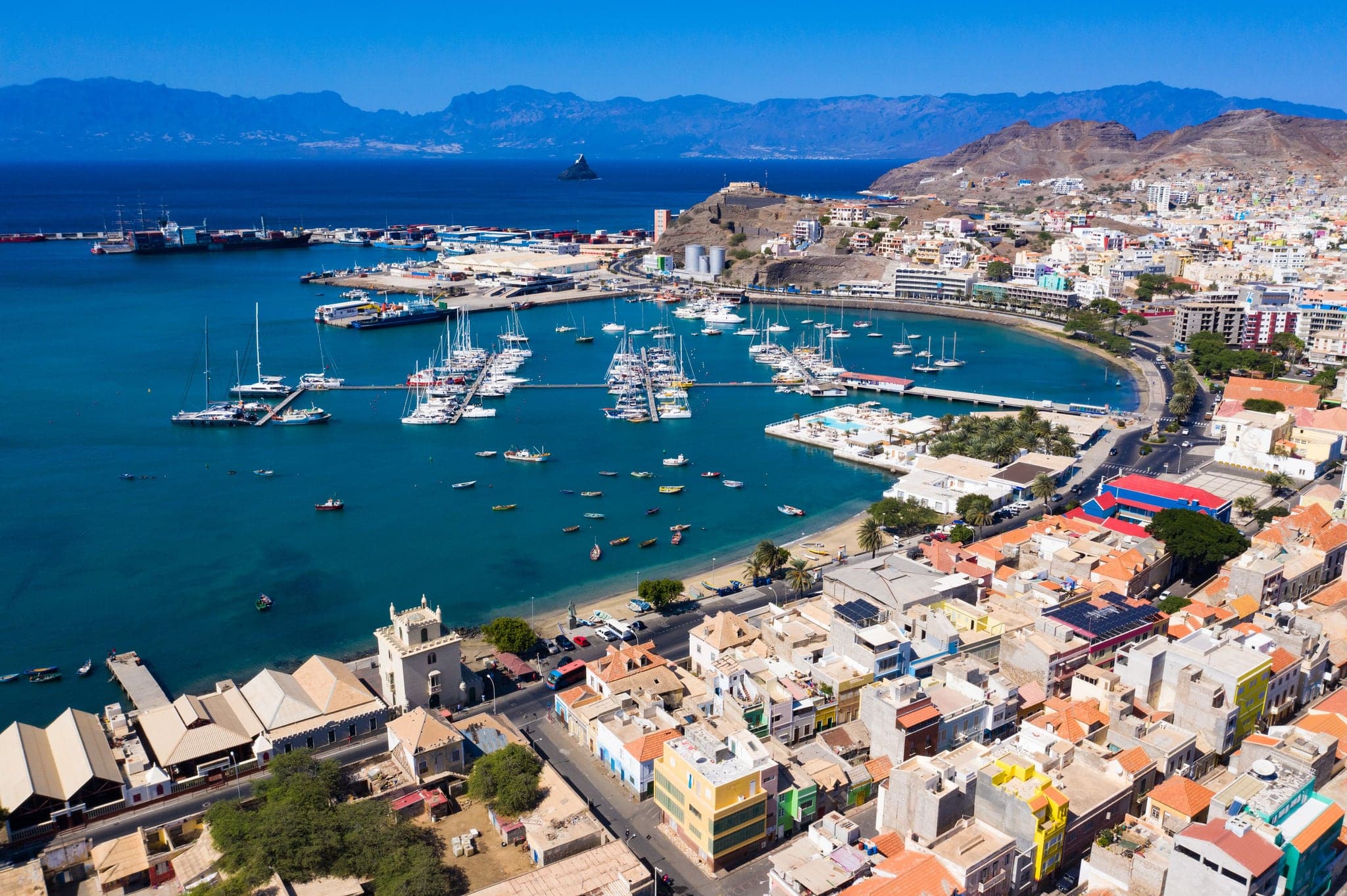 Aerial view of Laginha beach in Mindelo city in Sao Vicente Island in Cape Verde