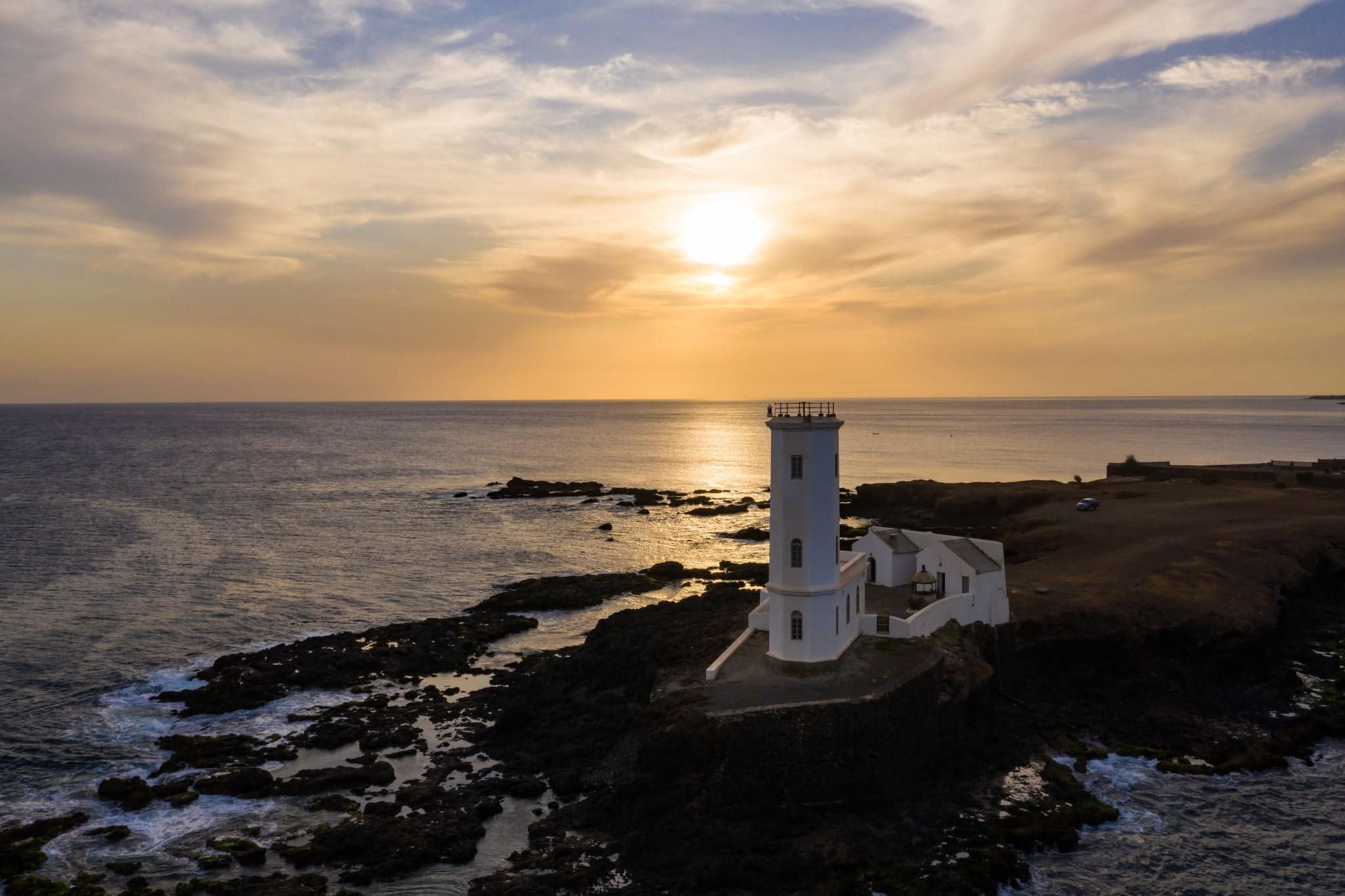 Aerial view of Praia Dona De Maria Pia lighthouse in Santiago - Capital of Cape Verde Islands - Cabo Verde