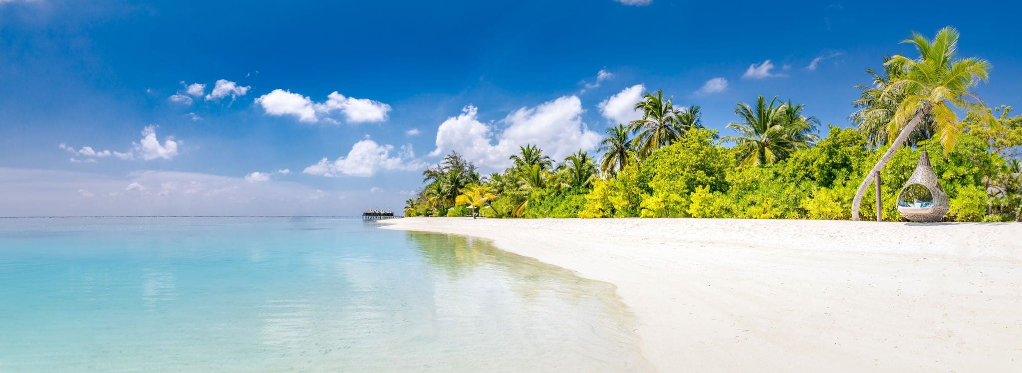 Beautiful tropical beach. Palm trees with romantic swing and calm sea water. Amazing beach panorama. Luxury travel and tourism for summer vacation and beach holiday background. Idyllic tropical coast