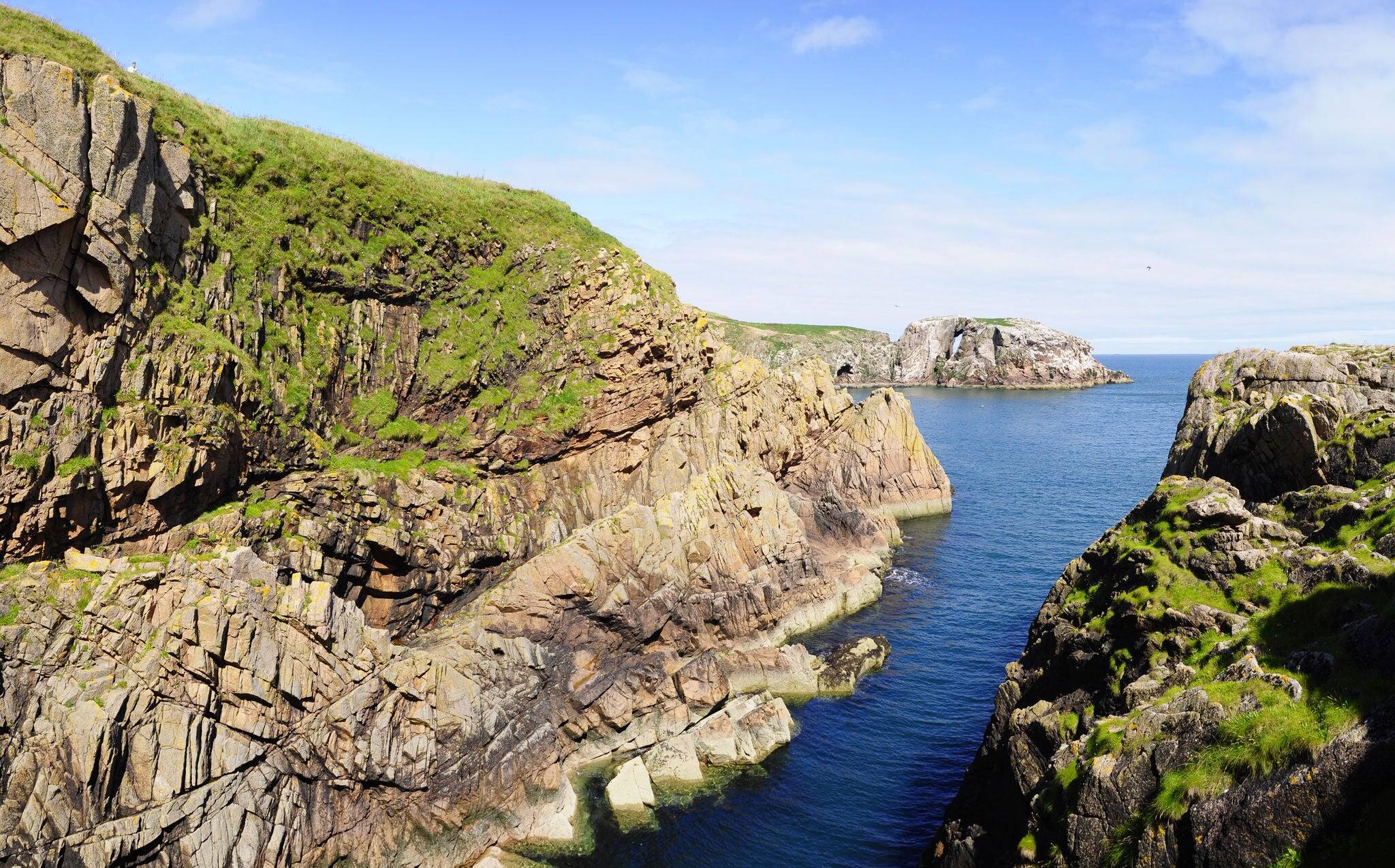 Rocas y acantilados de la reserva natural Mull Head, venado, isla Orkney, Reino Unido 