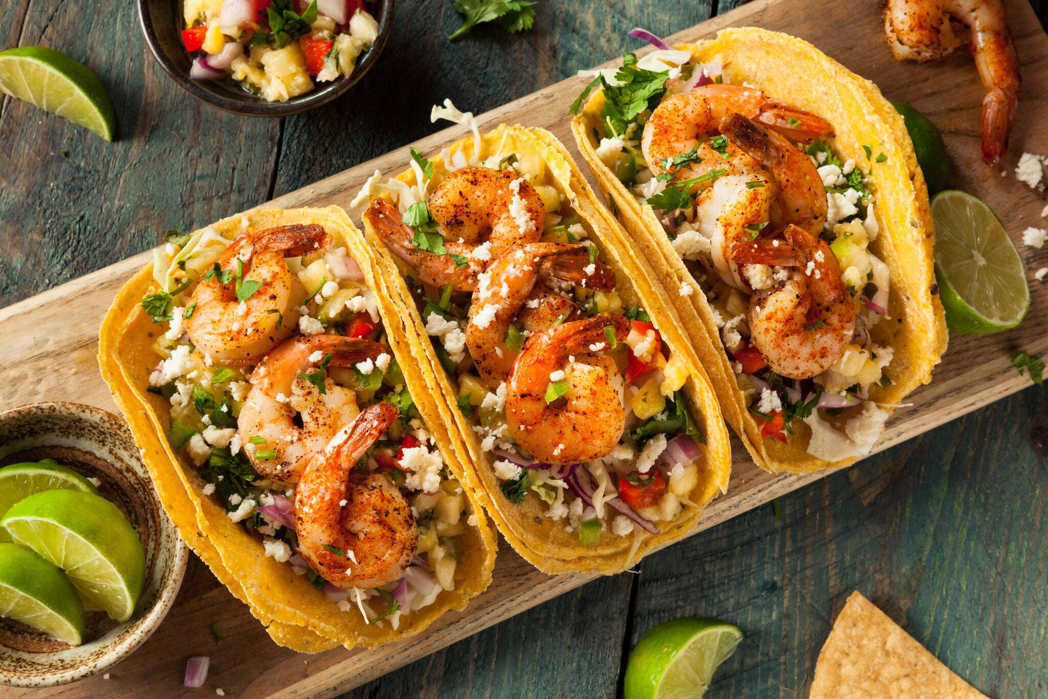 Homemade Spicy Shrimp Tacos with Coleslaw and Salsa