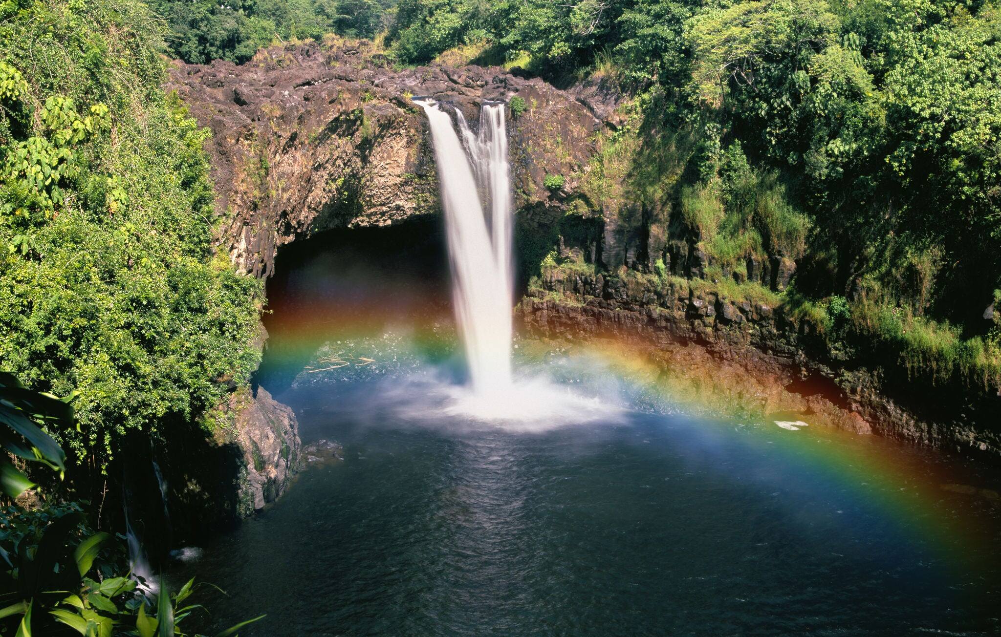 Beautiful Rainbow Waterfalls in Paradise on the Big Island in Hawaii. Wailua Waterfall near the island capital Lihue on the island of Kauai, Hawaii.