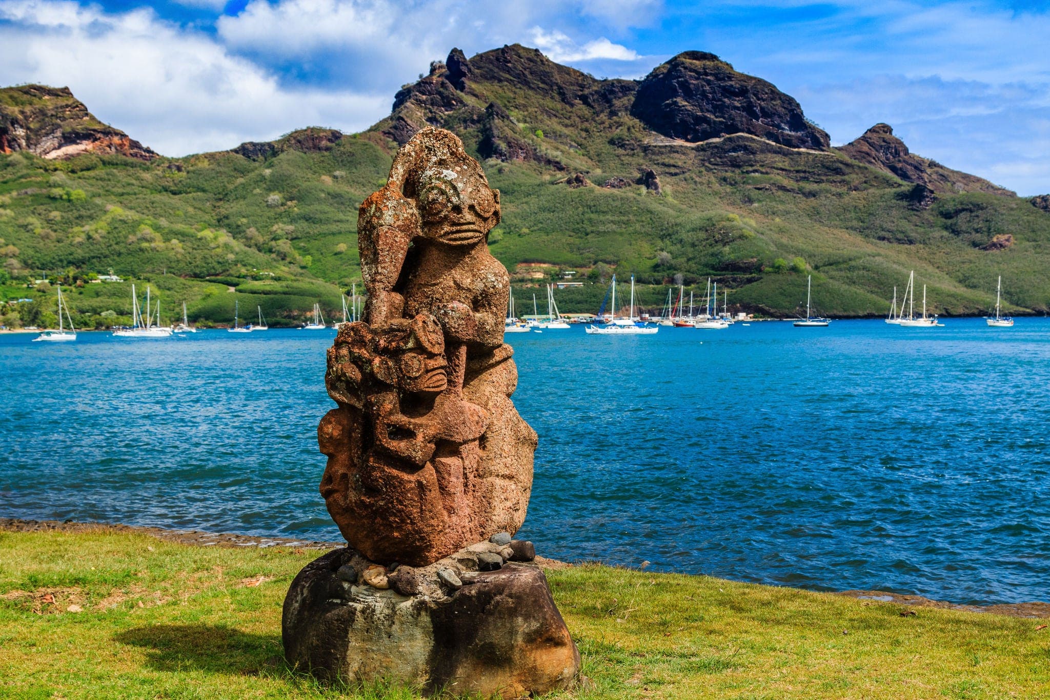 Nuku Hiva, Marquesas Islands. Tiki on the bay of Nuku Hiva.