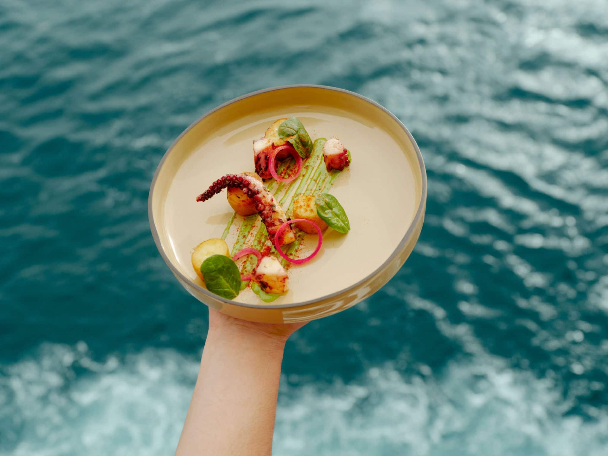 Plate of food over water.