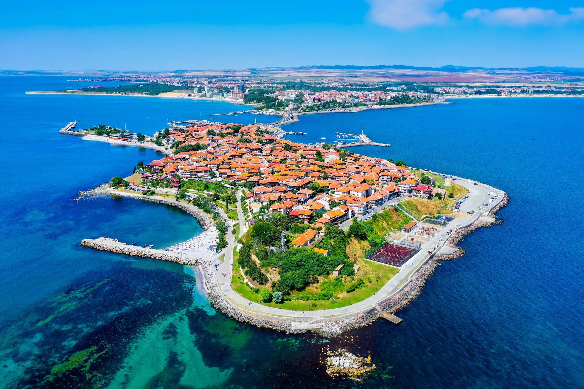 Nesebar (Nessebar), Bulgaria. Aerial view of the ancient seaside town. Black Sea Coast, Burgas