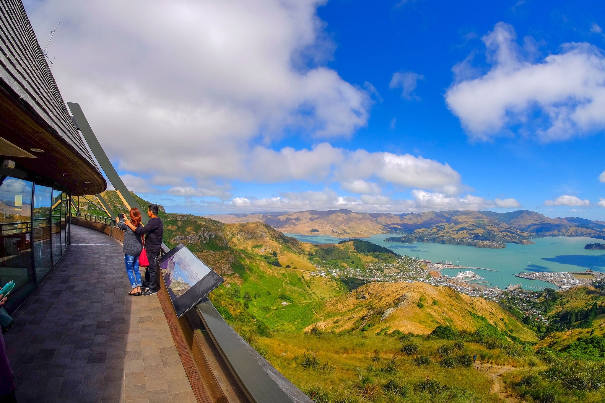 Beautiful view of Lyttelton Port and Harbour from the Christchurch Gondola Station  at the top of the Port Hills, Christchurch, Canterbury, New Zealand.