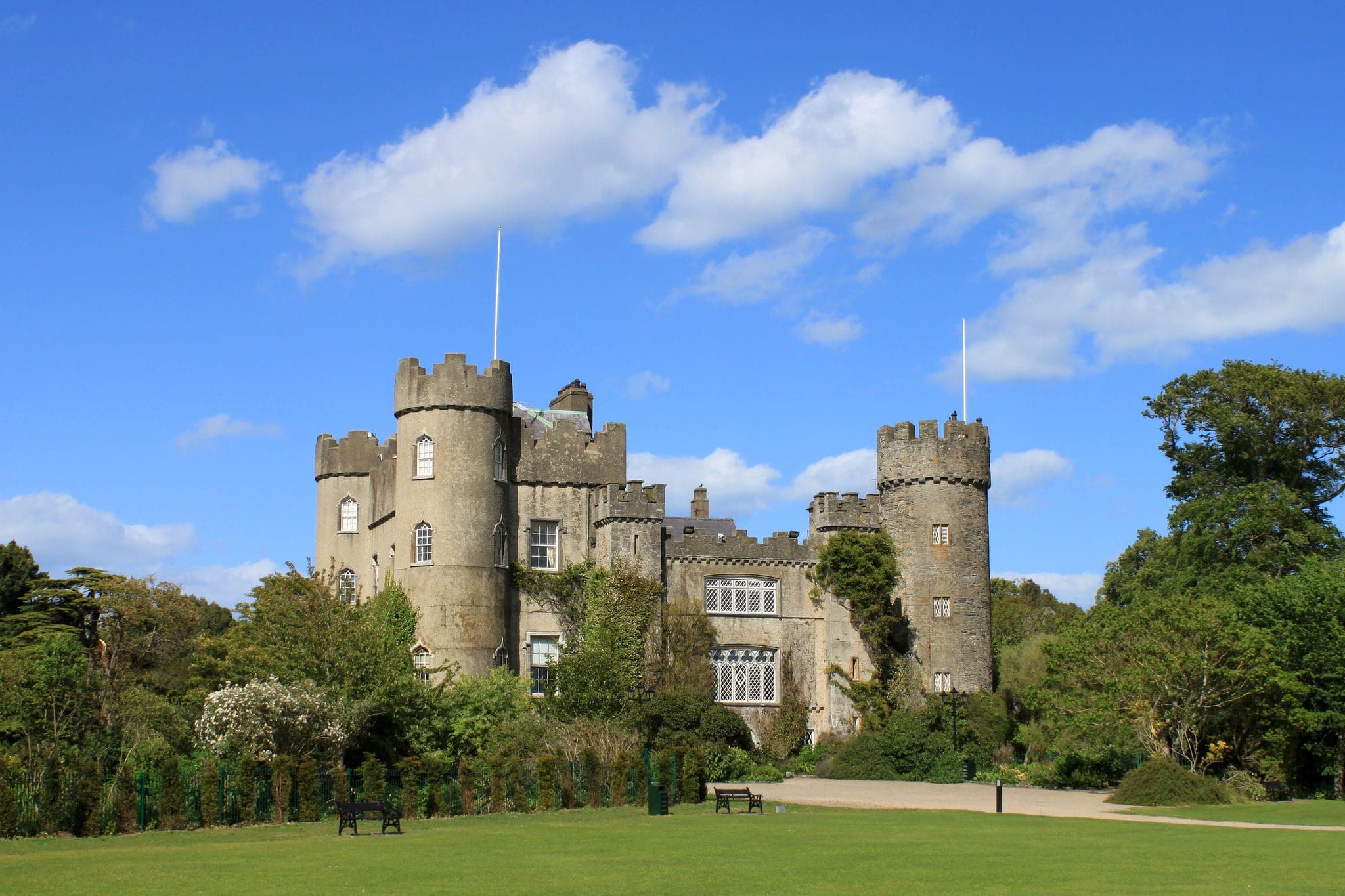 A view of Malahide Castle showing three turrets.