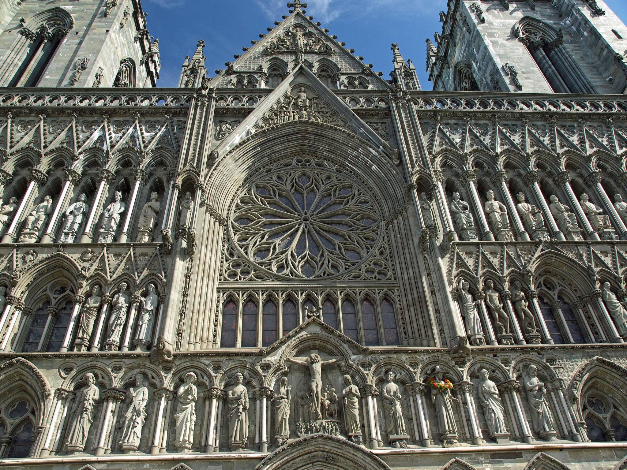 The facade of the Nidaros Cathedral in Trondheim in Norway