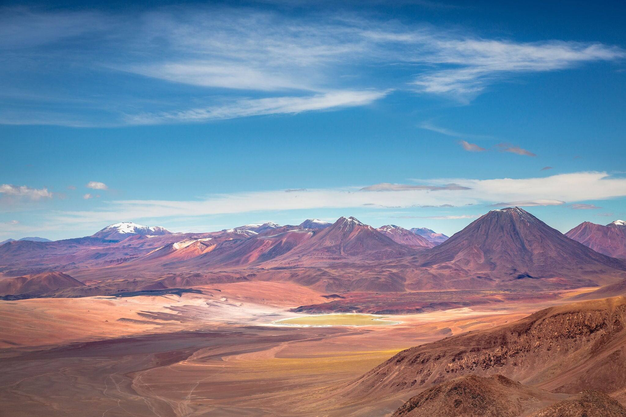 Atacama desert, volcanoes, Lake Lejia and arid landscape in Northern Chile, South America