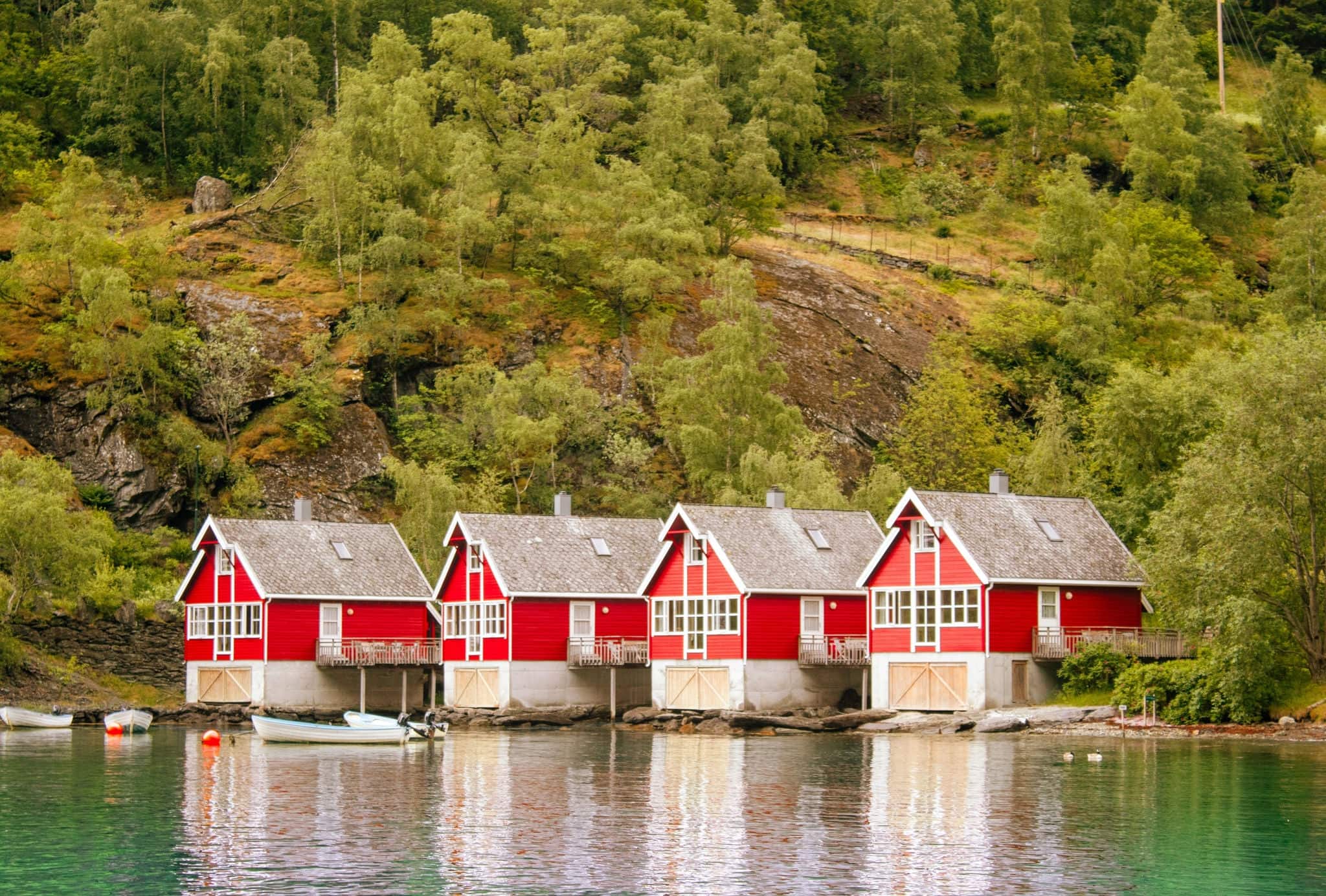 Little red houses in Flåm, Norway