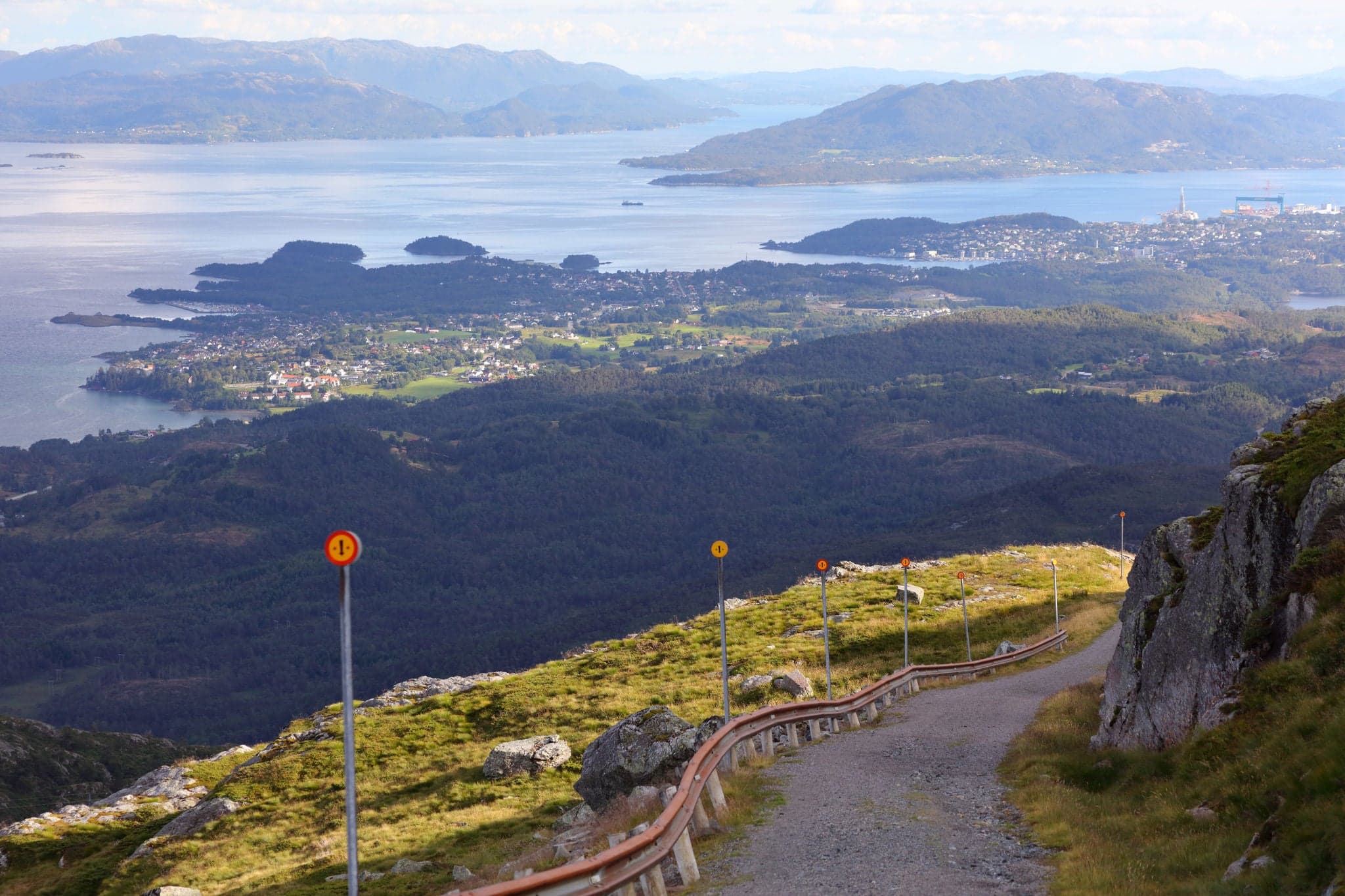 Hiking trail in Stord island in Norway. Leirvik town in background.