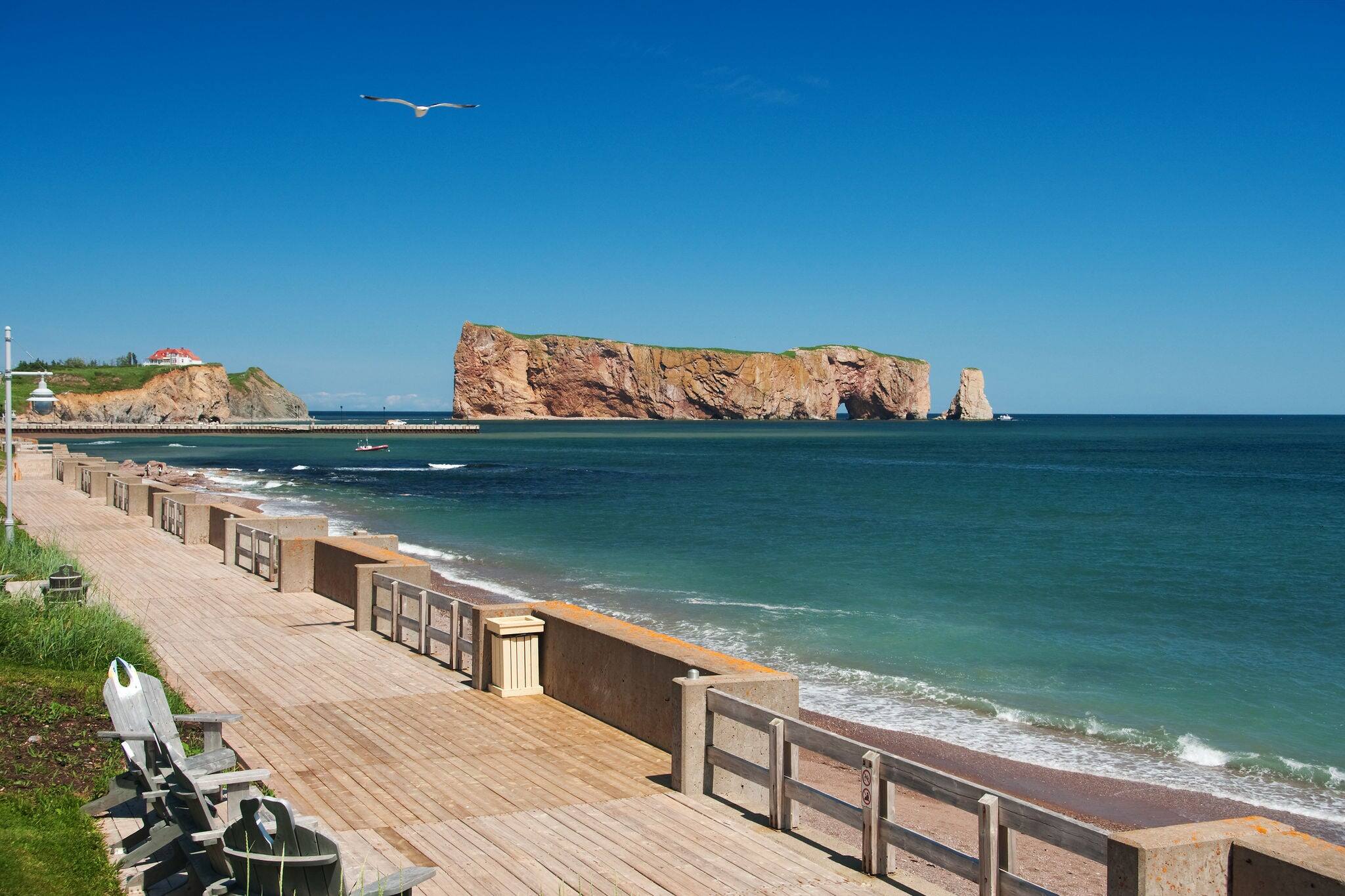 Famous landmark of Quebec, perce rock, seen from the boardwalk in the town of perc