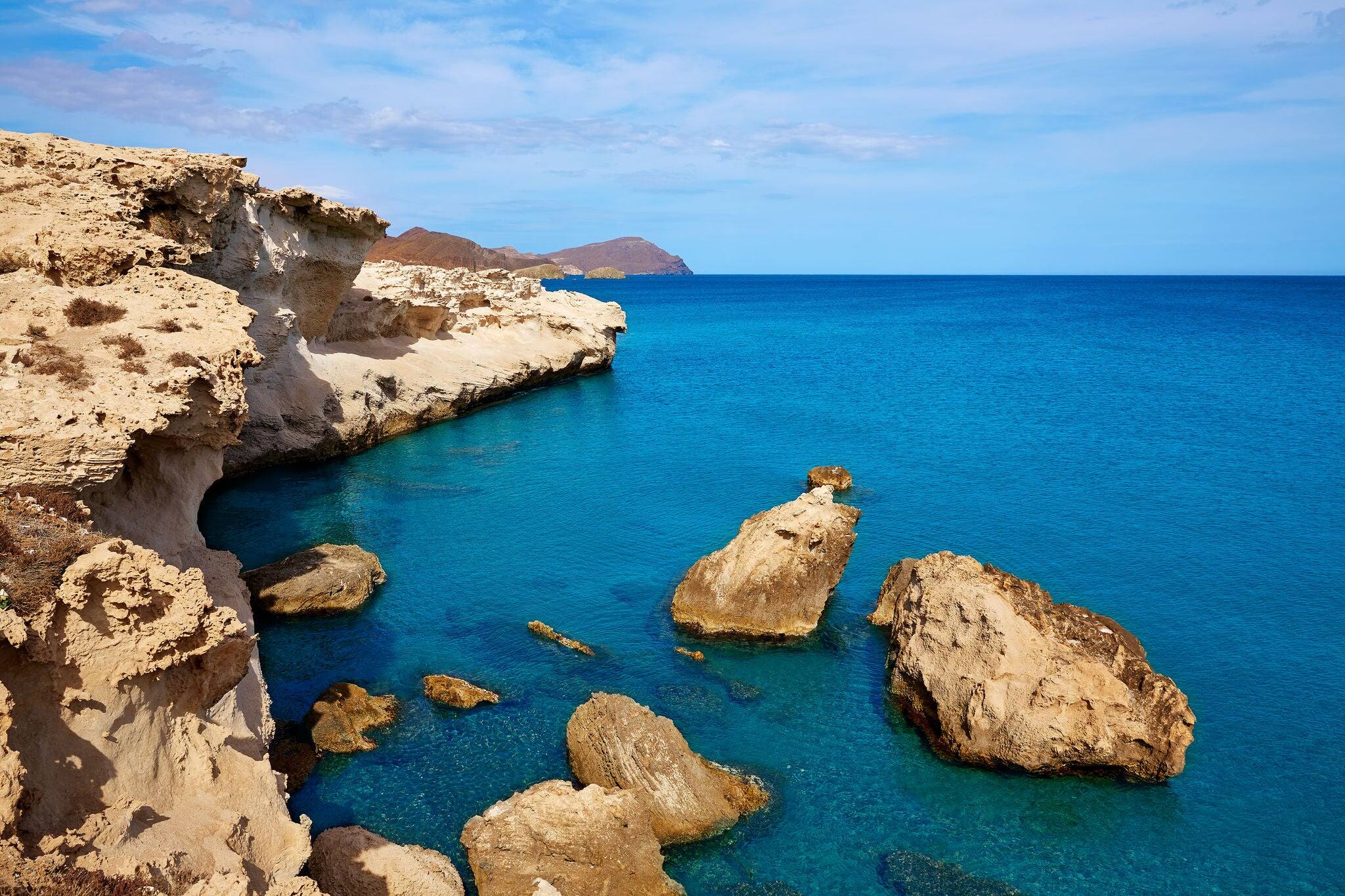 Almeria in Cabo de Gata Los Escullos beach aerial Mediterranean view at Spain