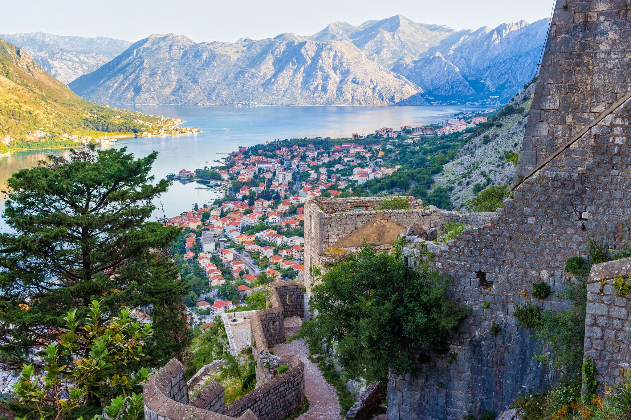 View from above on the old city Kotor, boka-kotor bay in Adriatic sea and mountains, Montenegro. sunrise, gorgeous nature landscape.