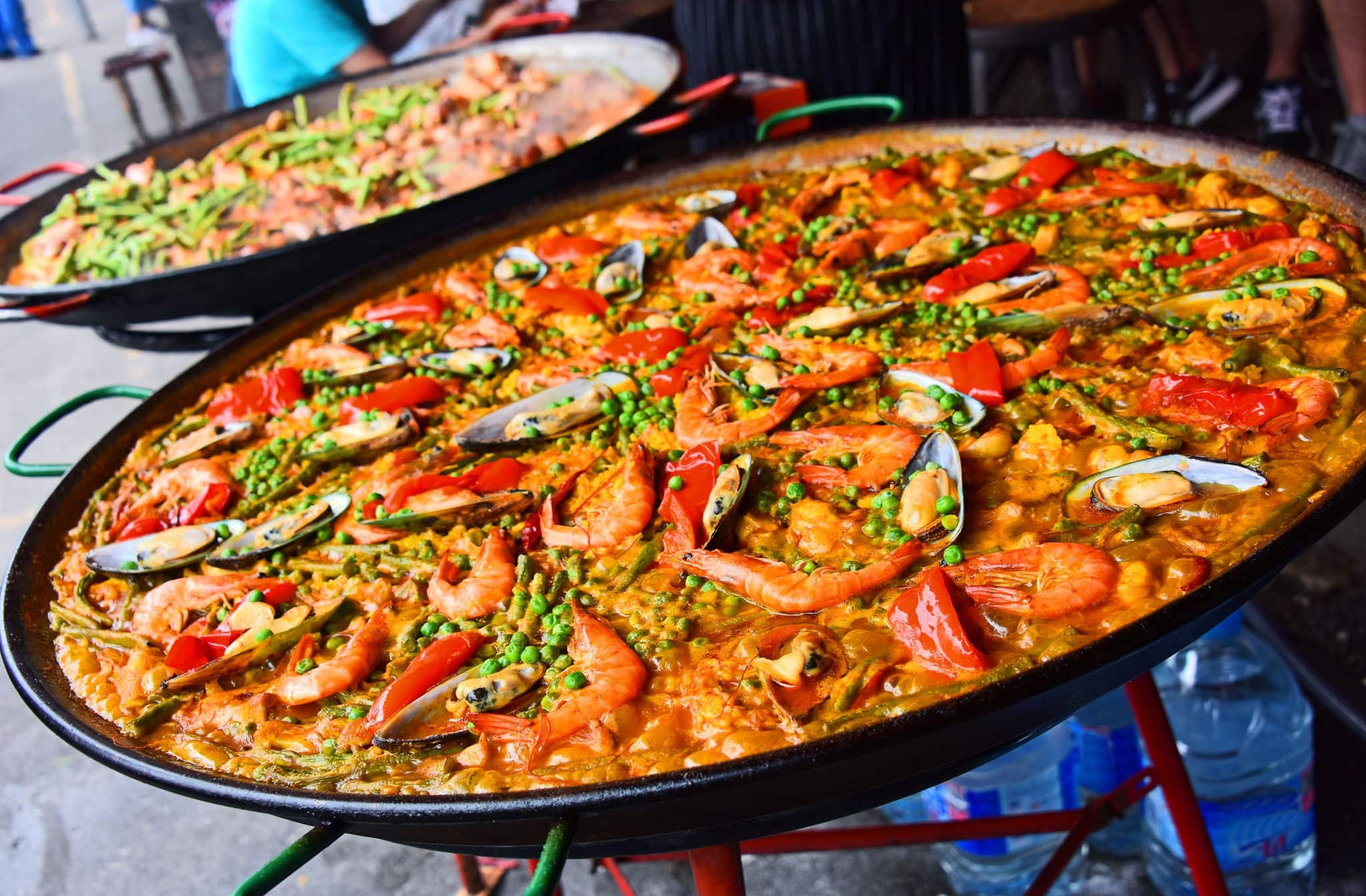 Spanish paella prepared in the street restaurant.