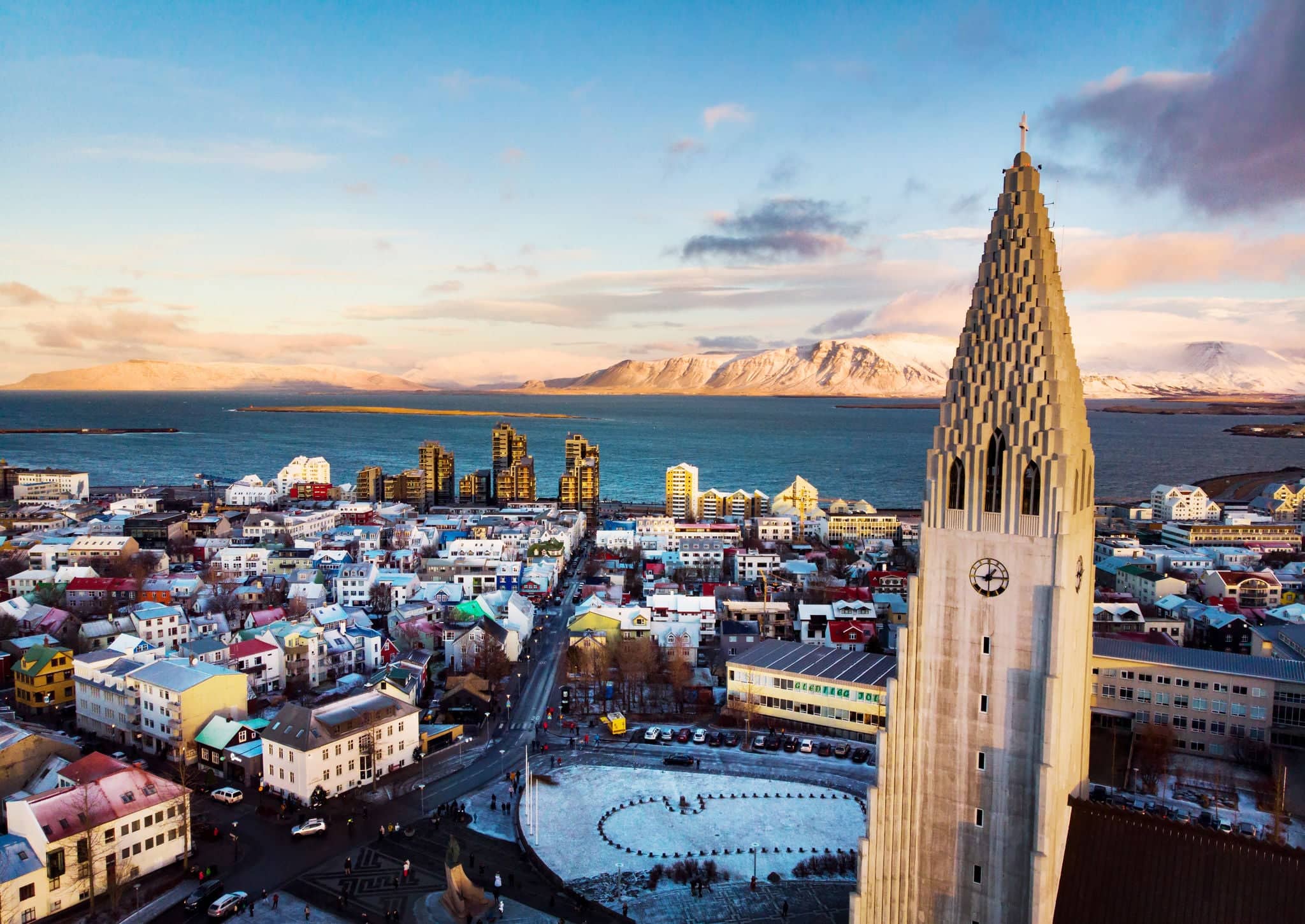 Hallgrimskirkja church and Reykjavik cityscape in Iceland aerial view