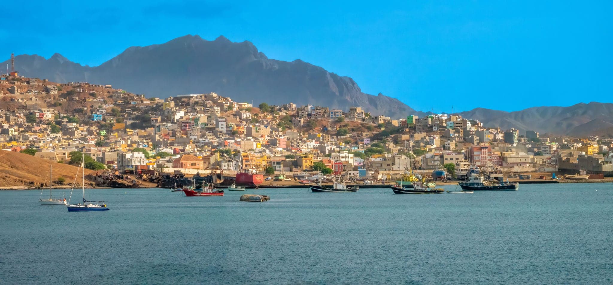 Panoramic view of the sea front of the city of Mindelo, São Vivente Island, Cape Verde Islands (Cabo Verde)