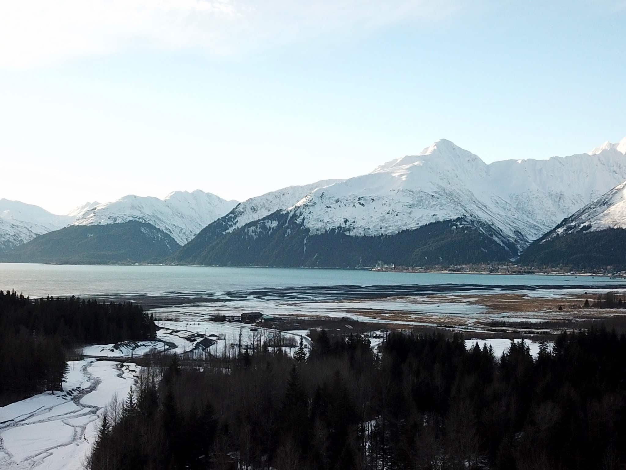 Flying drone over original parts of the original Iditirod Trail in Alaska