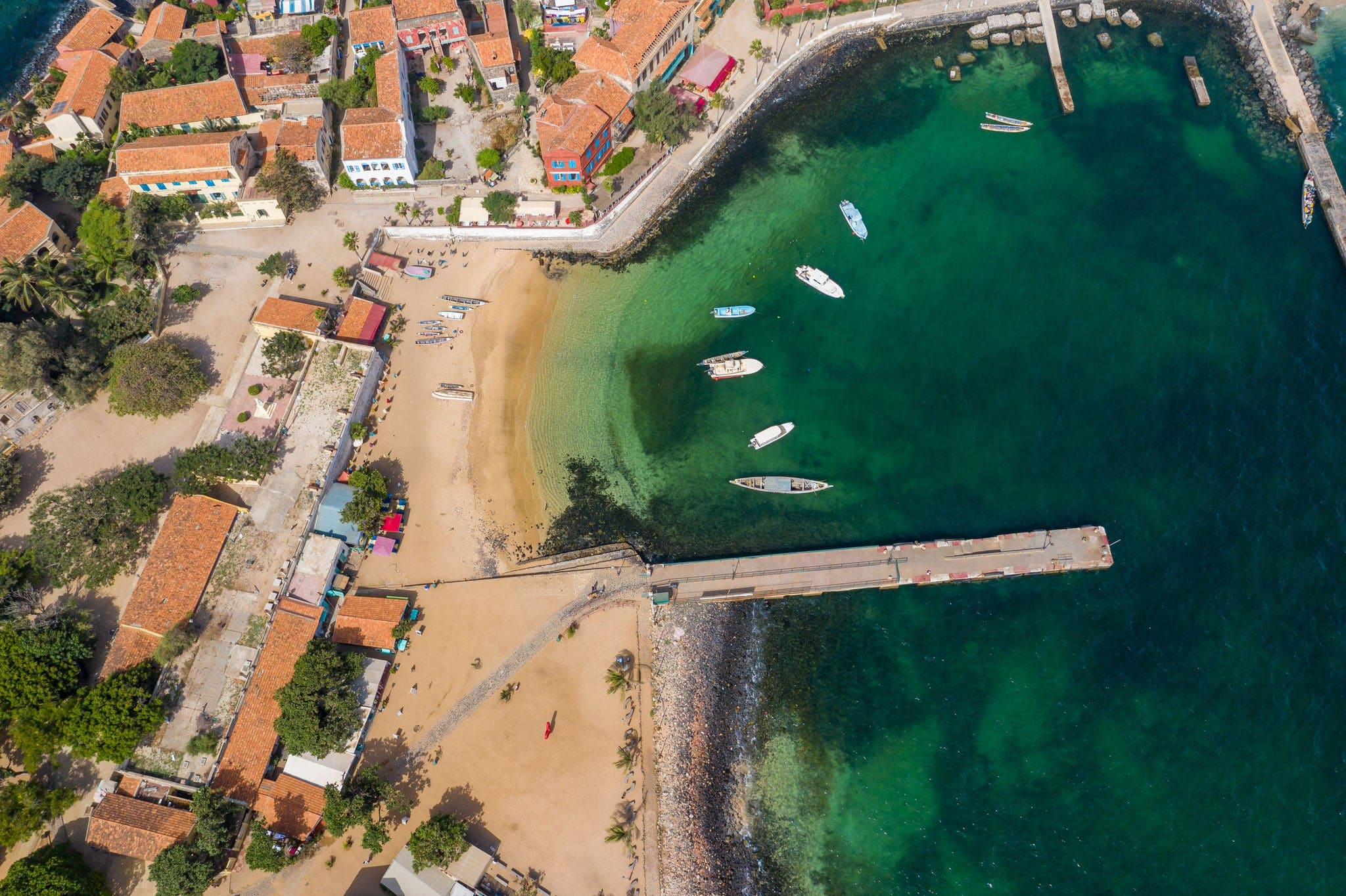 Aerial view of Goree Island. Gorée. Dakar, Senegal. Africa. Photo made by drone from above. UNESCO World Heritage Site.