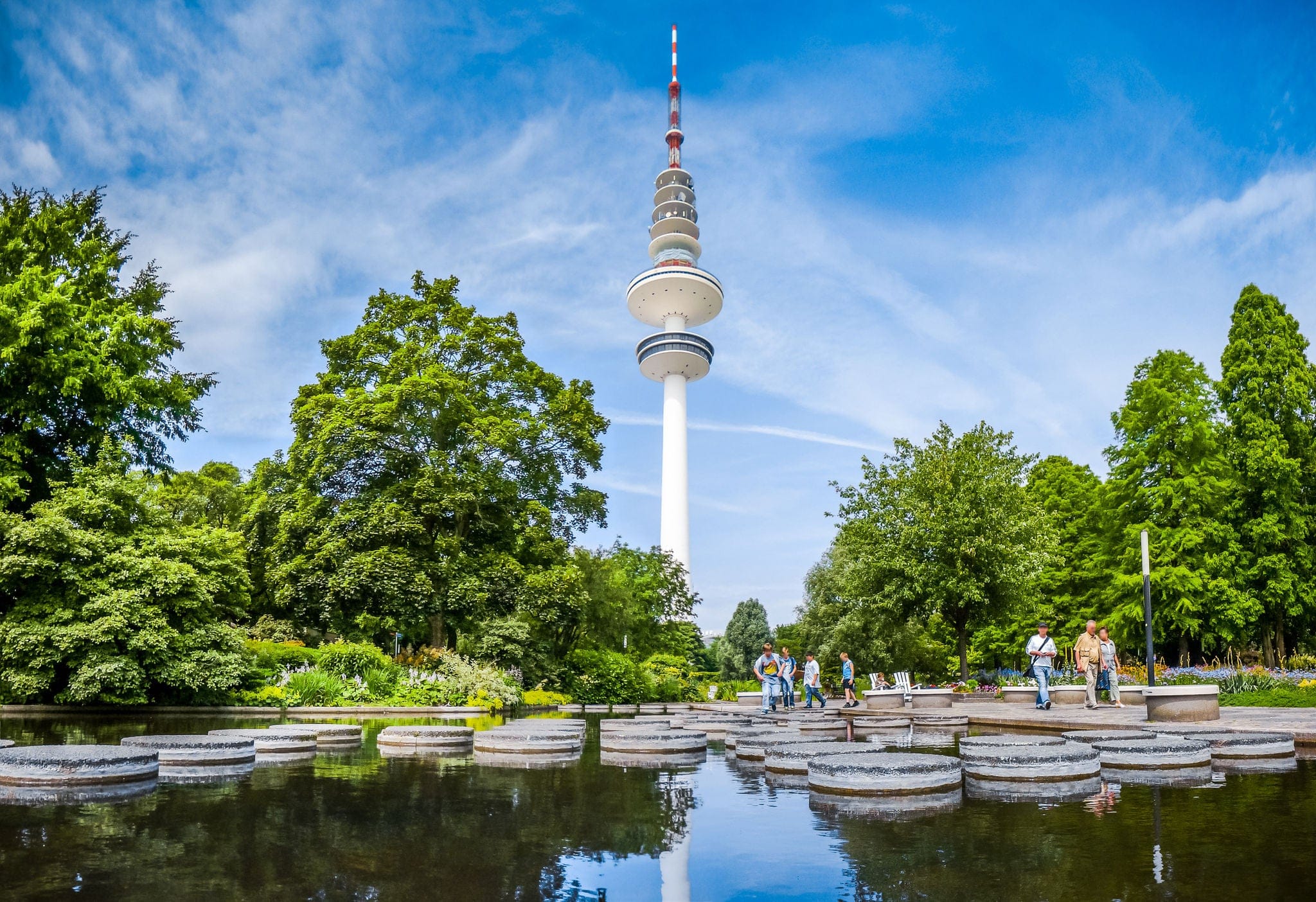 Beautiful view of famous Heinrich-Hertz-Turm radio telecommunication tower in the city of Hamburg, Germany