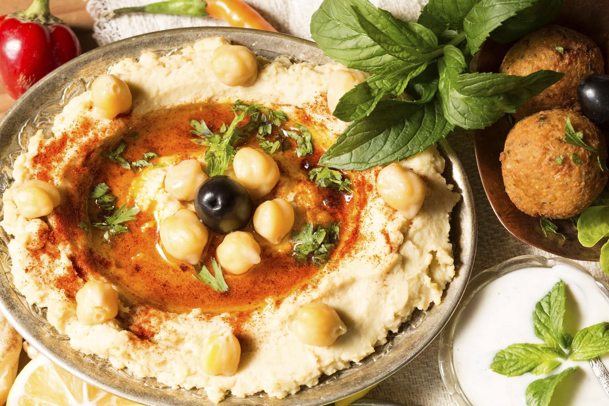 Hummus and falafel close up