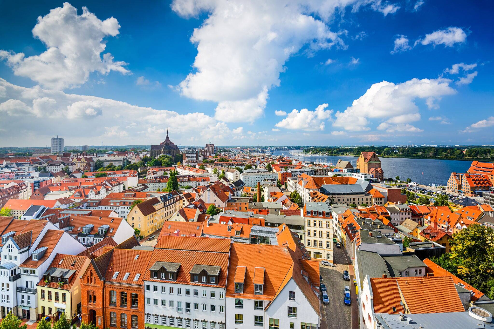 Rostock, Germany old city skyline.
