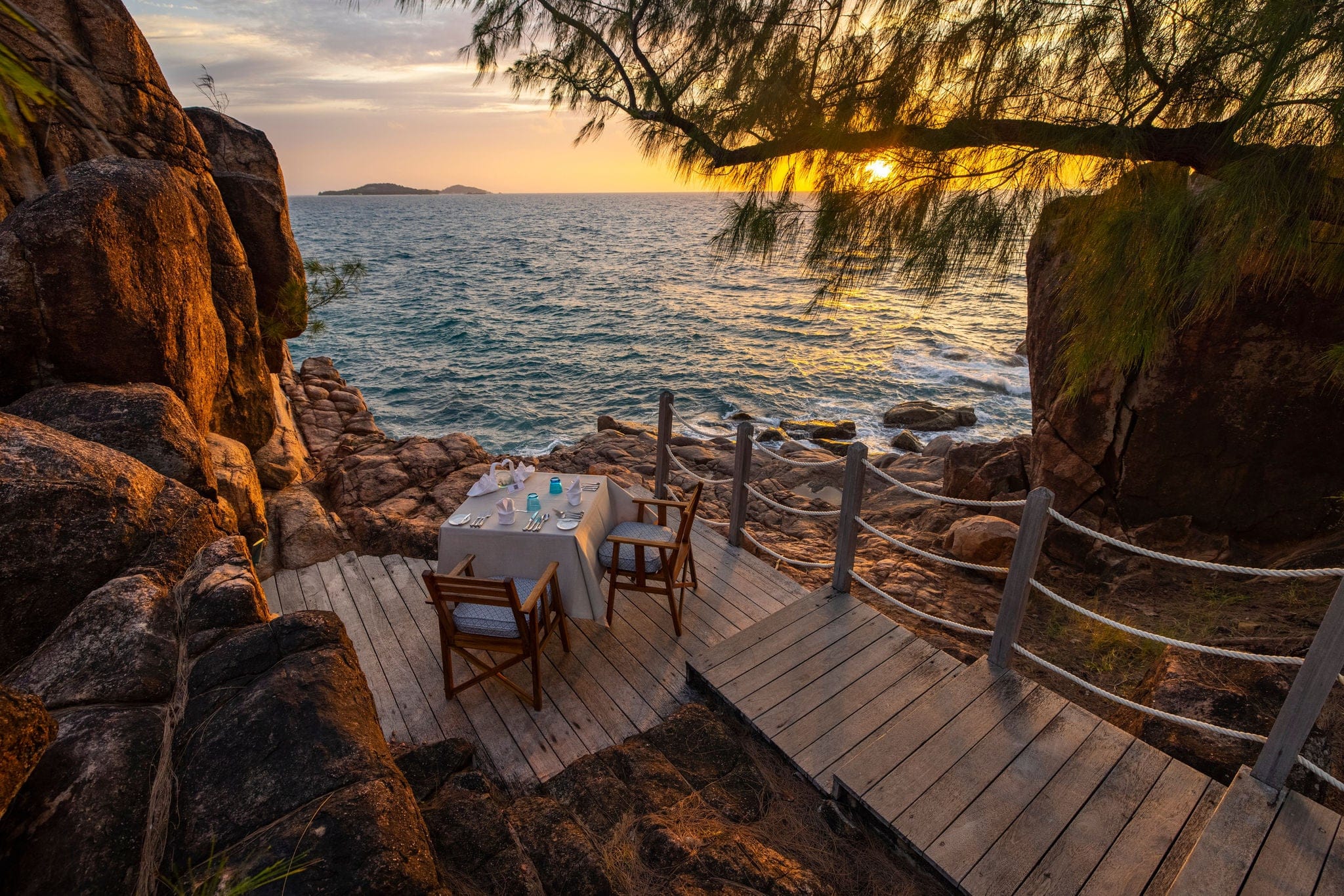 Sunset sea view restaurant dining area from Pointe Ste Marie on Praslin Island in the Seychelles